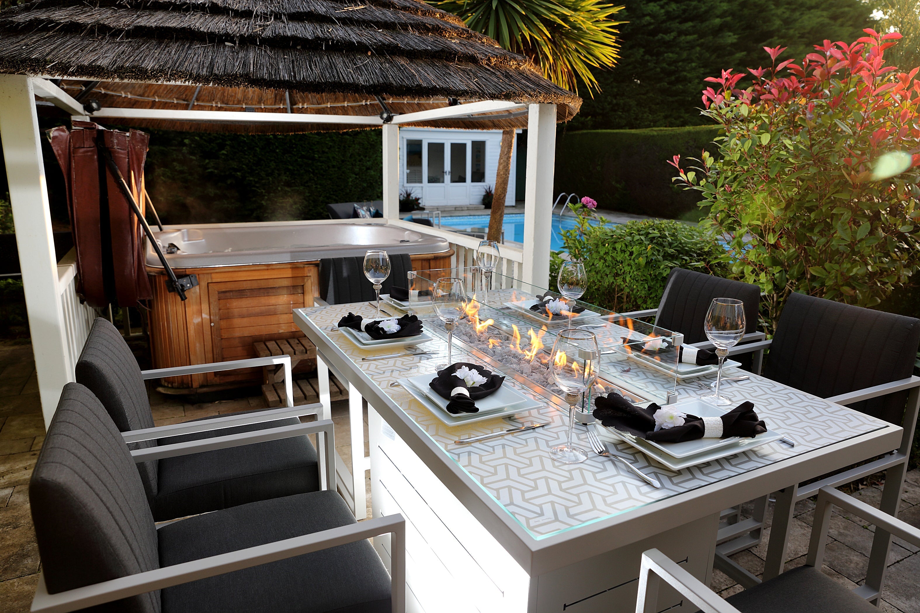 White Fire Pit Bar Table, matching grey and white garden bar stools