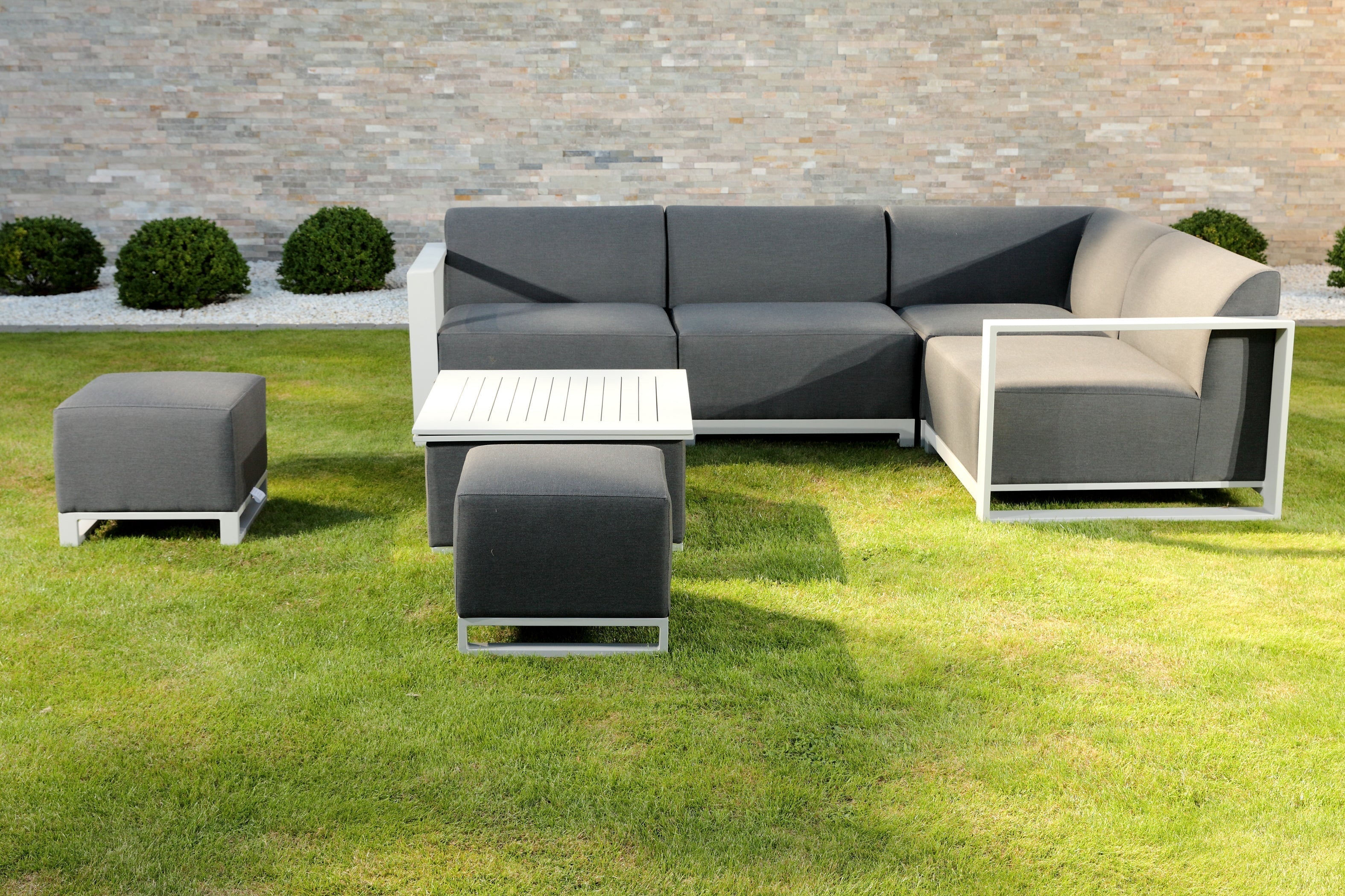 Grey and White Outdoor Garden Furniture Set L-Shaped Sofa, Coffee Table, Footstools