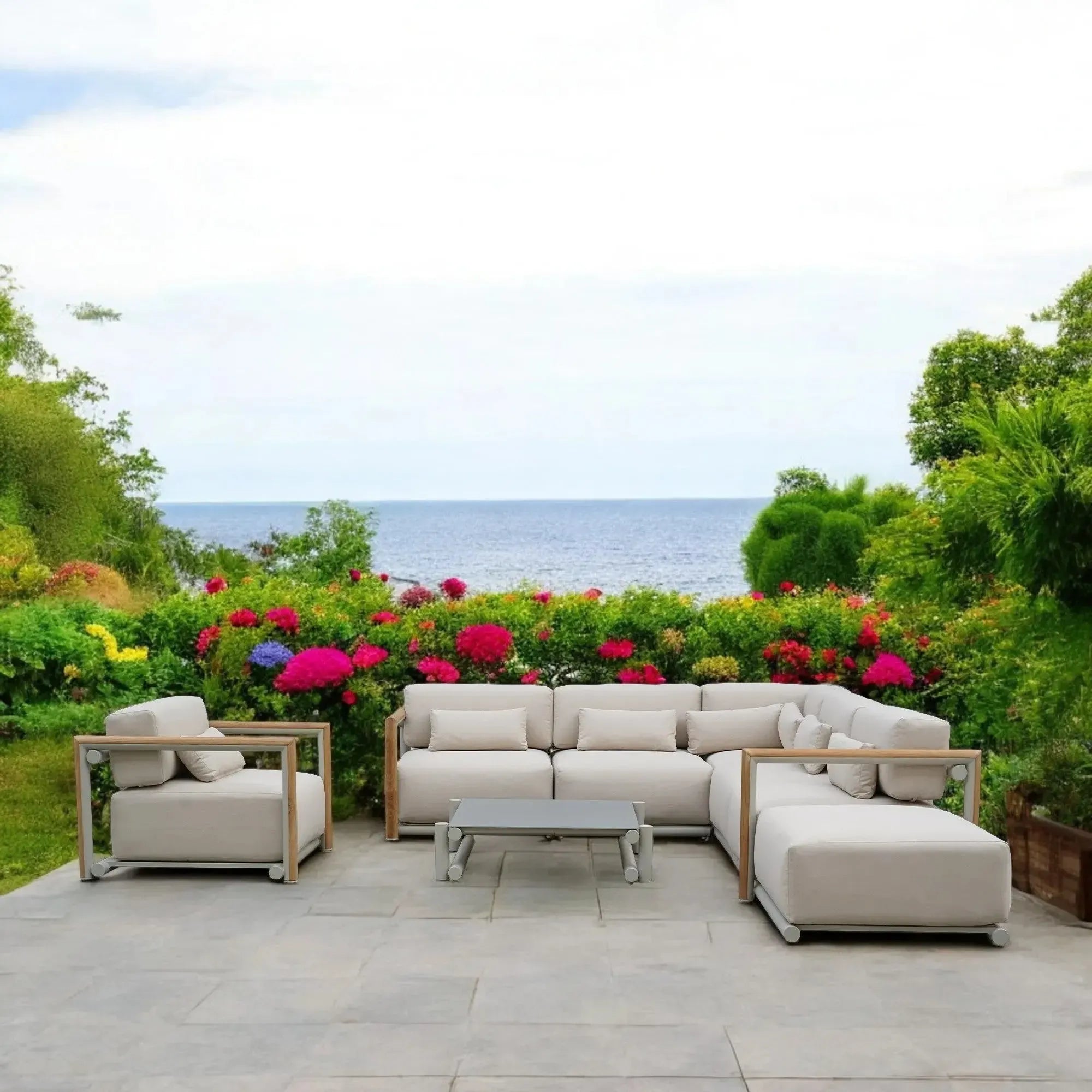 Grey and White Outdoor Garden Furniture Set L-Shaped Sofa, Coffee Table, Footstools