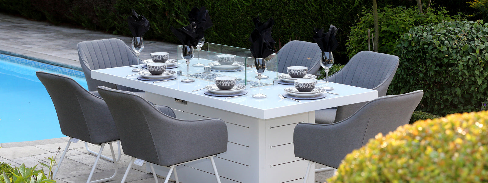 Outdoor Garden Dining Set, White Fire Pit Dining Table, Grey Fabric Dining Chairs