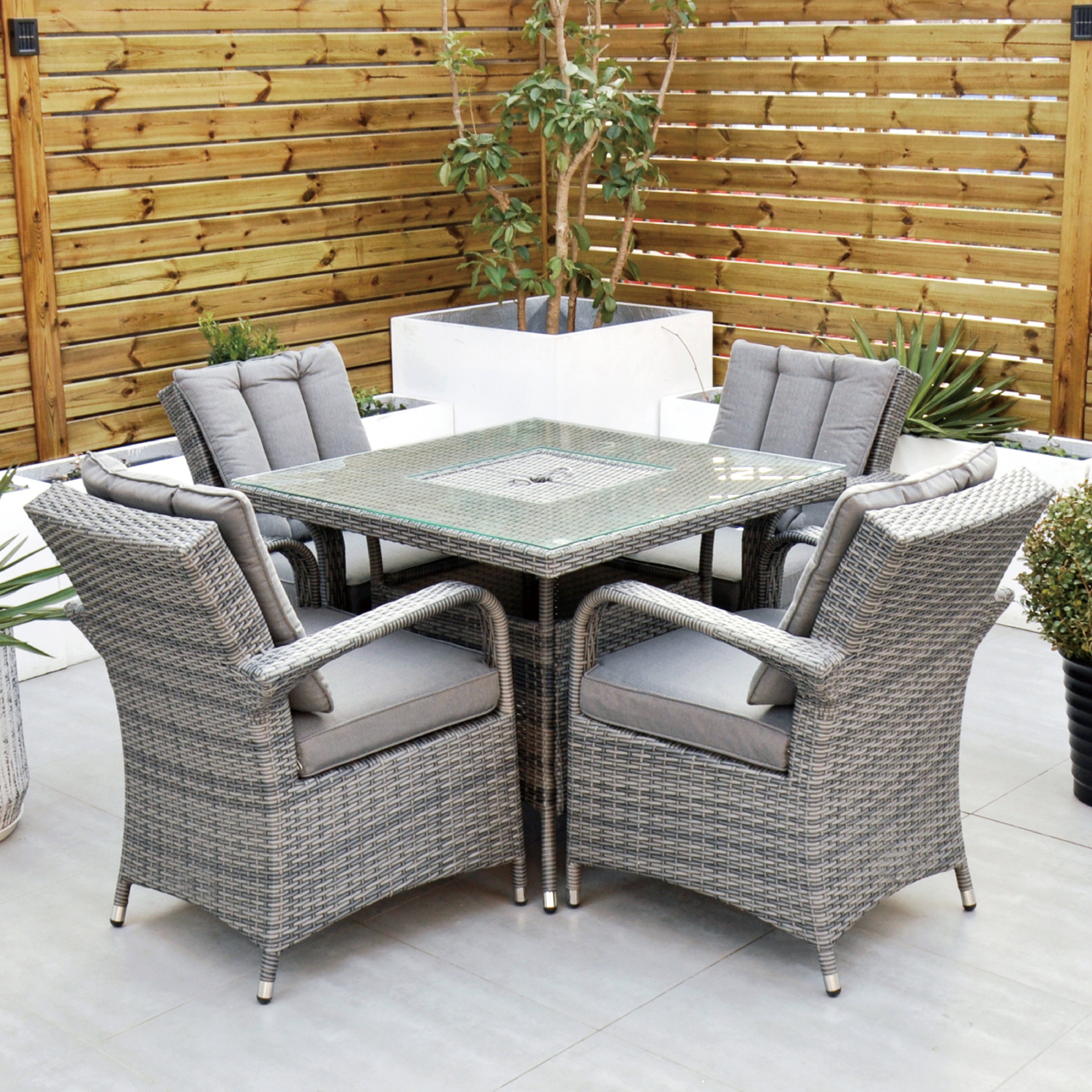 Aruba 90cm Square Table with Ice Bucket & 4 Reclining Chairs Outdoor Set – Grey Black with Grey Cushions