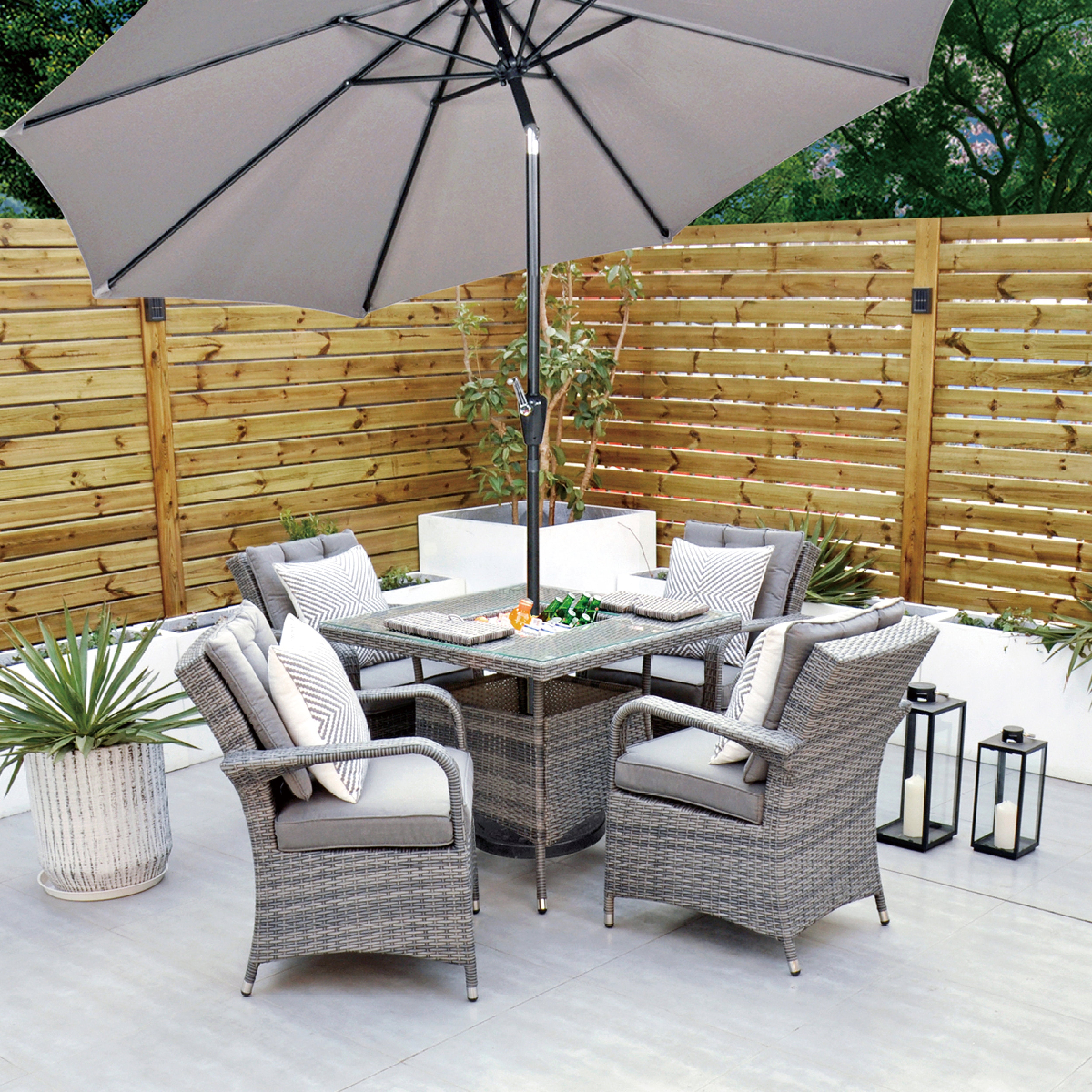 Aruba 90cm Square Table with Ice Bucket & 4 Reclining Chairs Outdoor Set – Grey Black with Grey Cushions