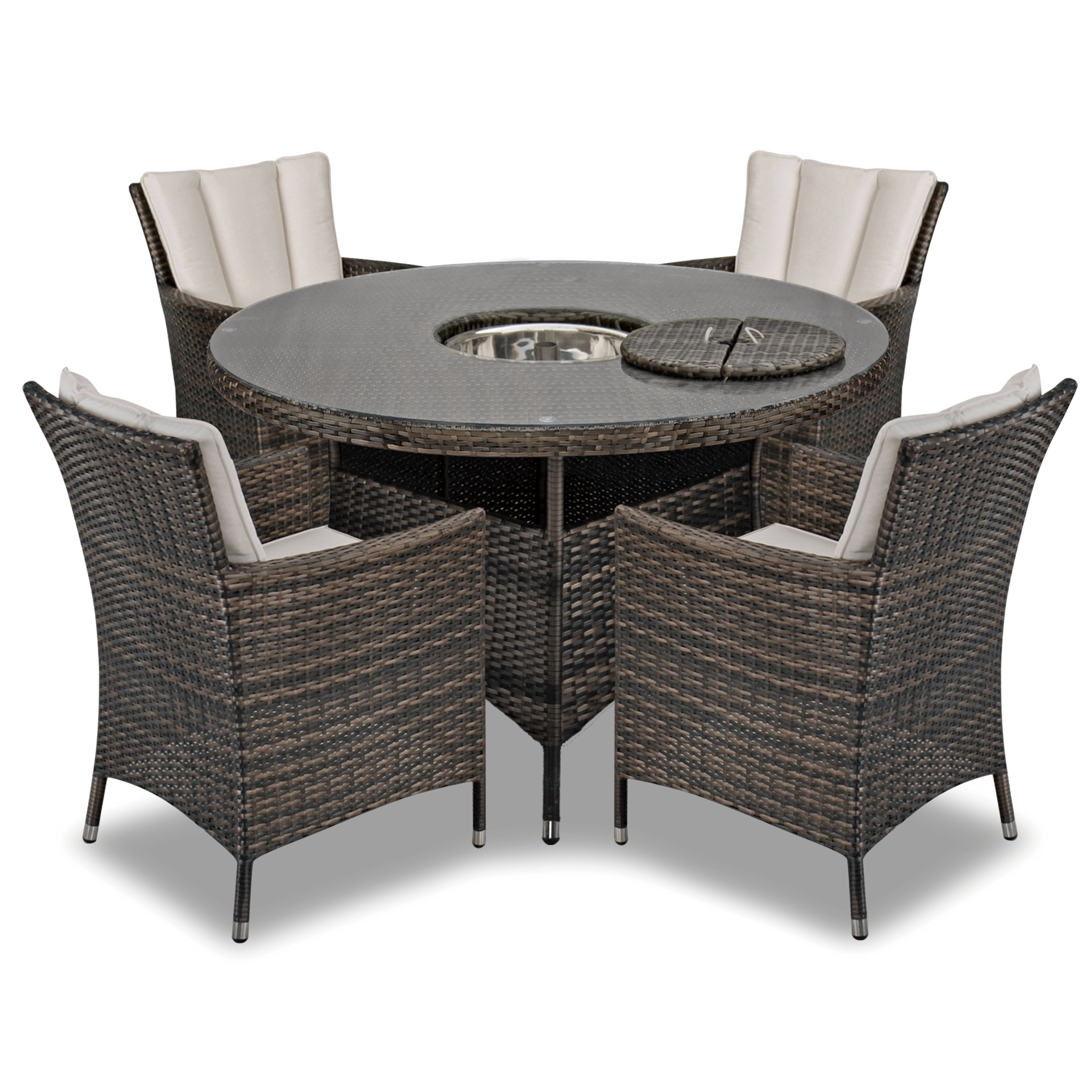 Antigua 120cm Round Table with Ice Bucket & 4 Dining Chairs Outdoor Set – Bronze Brown with Ivory Cushions