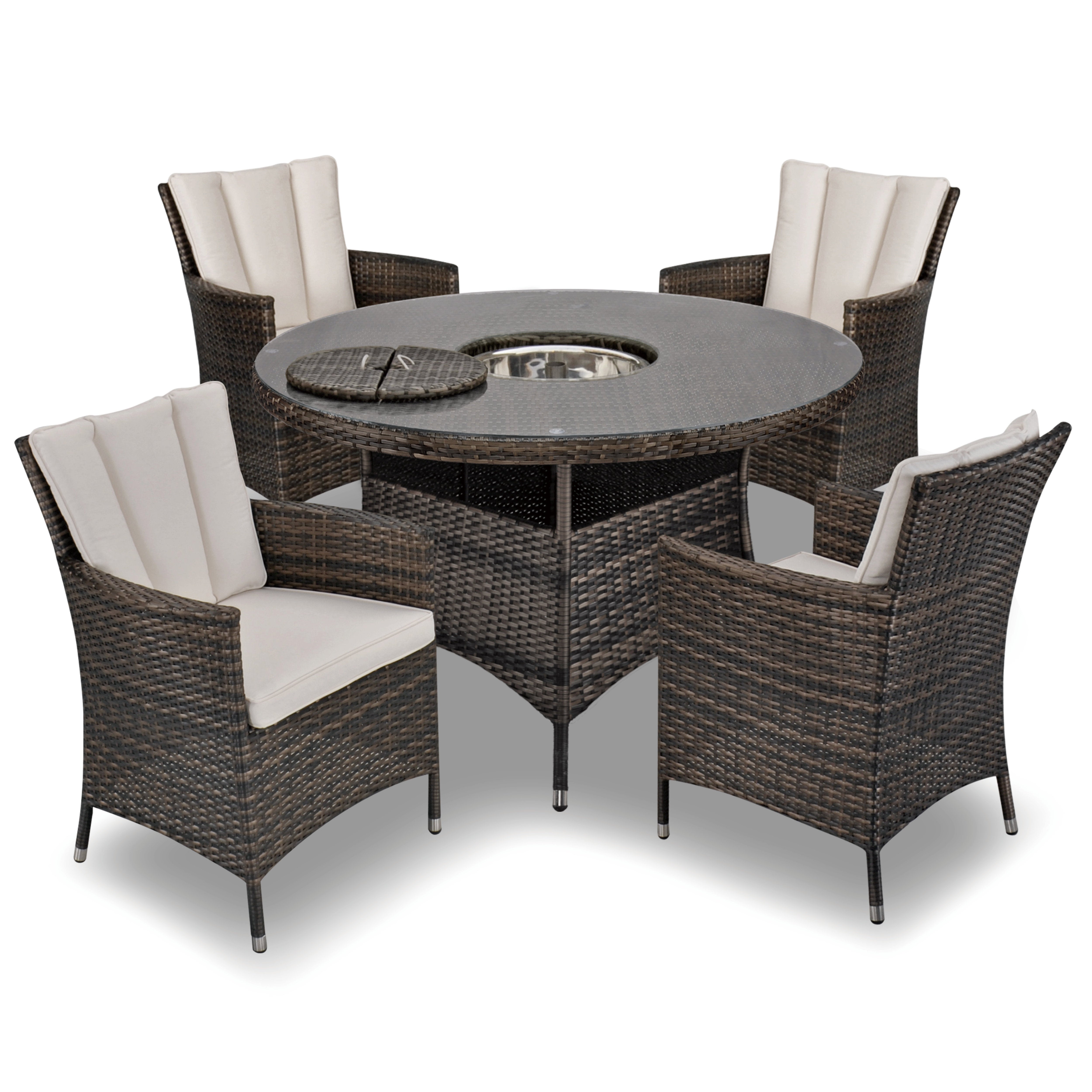 Antigua 120cm Round Table with Ice Bucket & 4 Dining Chairs Outdoor Set – Bronze Brown with Ivory Cushions