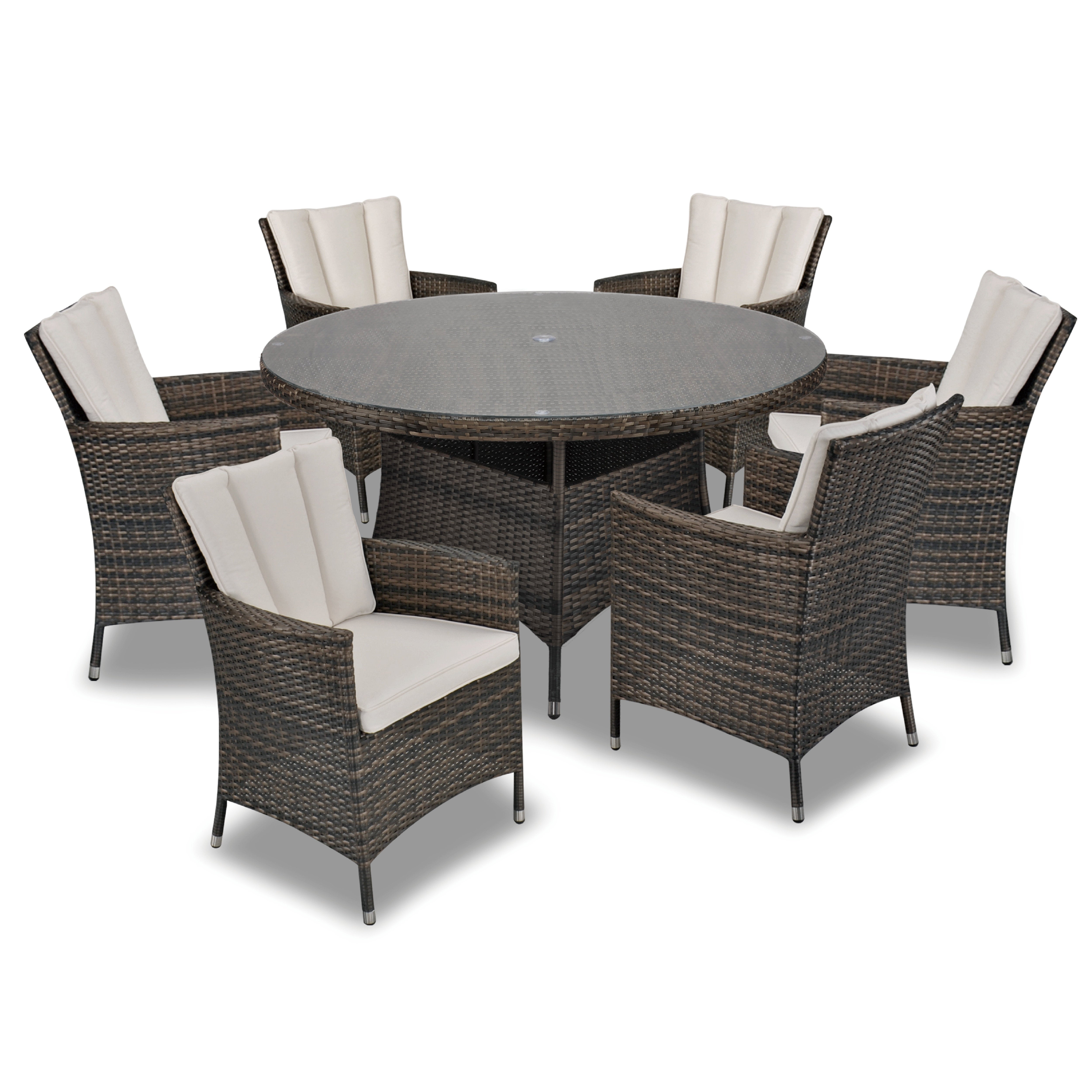 Antigua 135cm Round Table with Lazy Susan & 6 Dining Chairs Outdoor Set – Bronze Brown with Ivory Cushions
