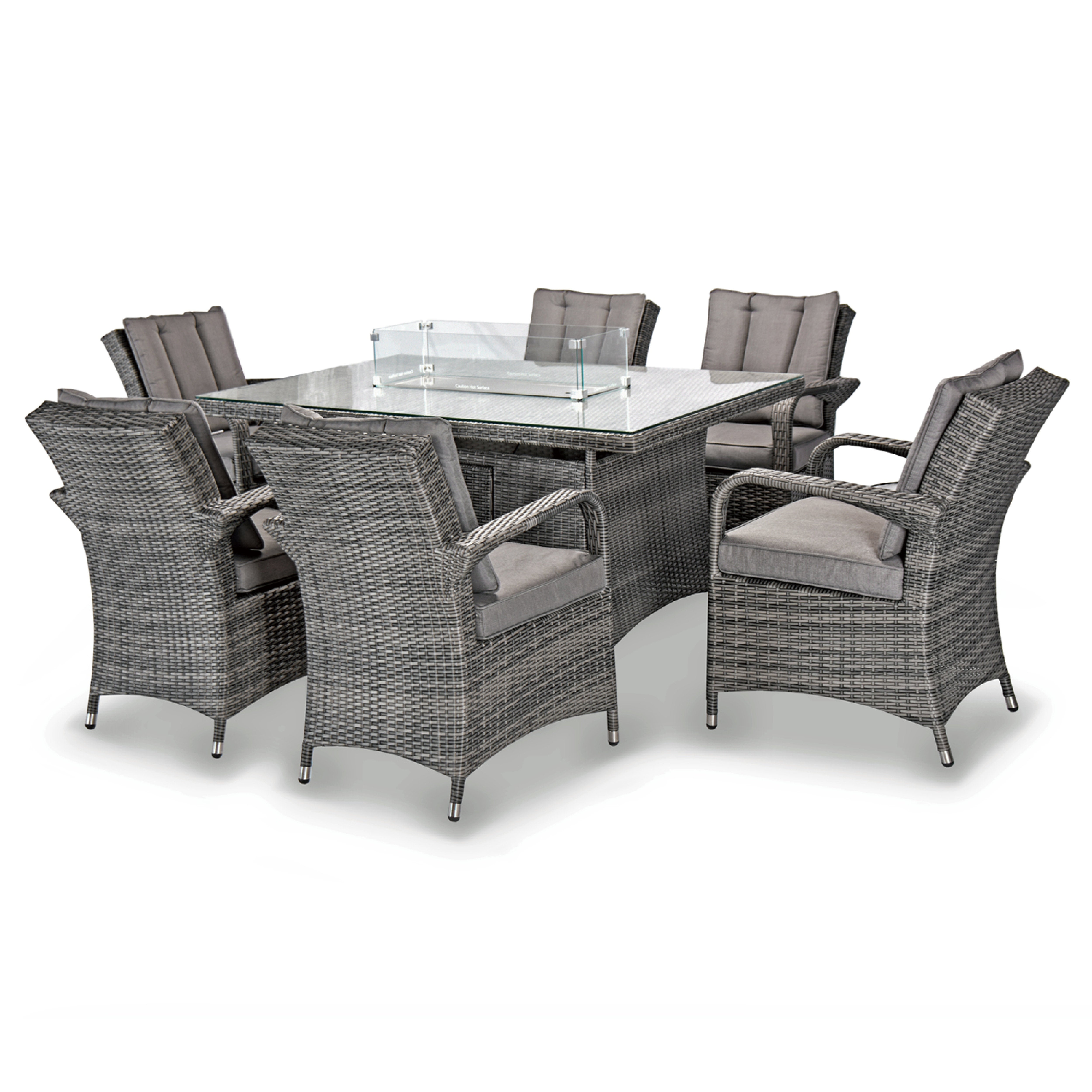 Aruba 150x100 Firepit Table & 6 Bridge Arm Chairs Outdoor Set – Grey Black with Grey Cushions