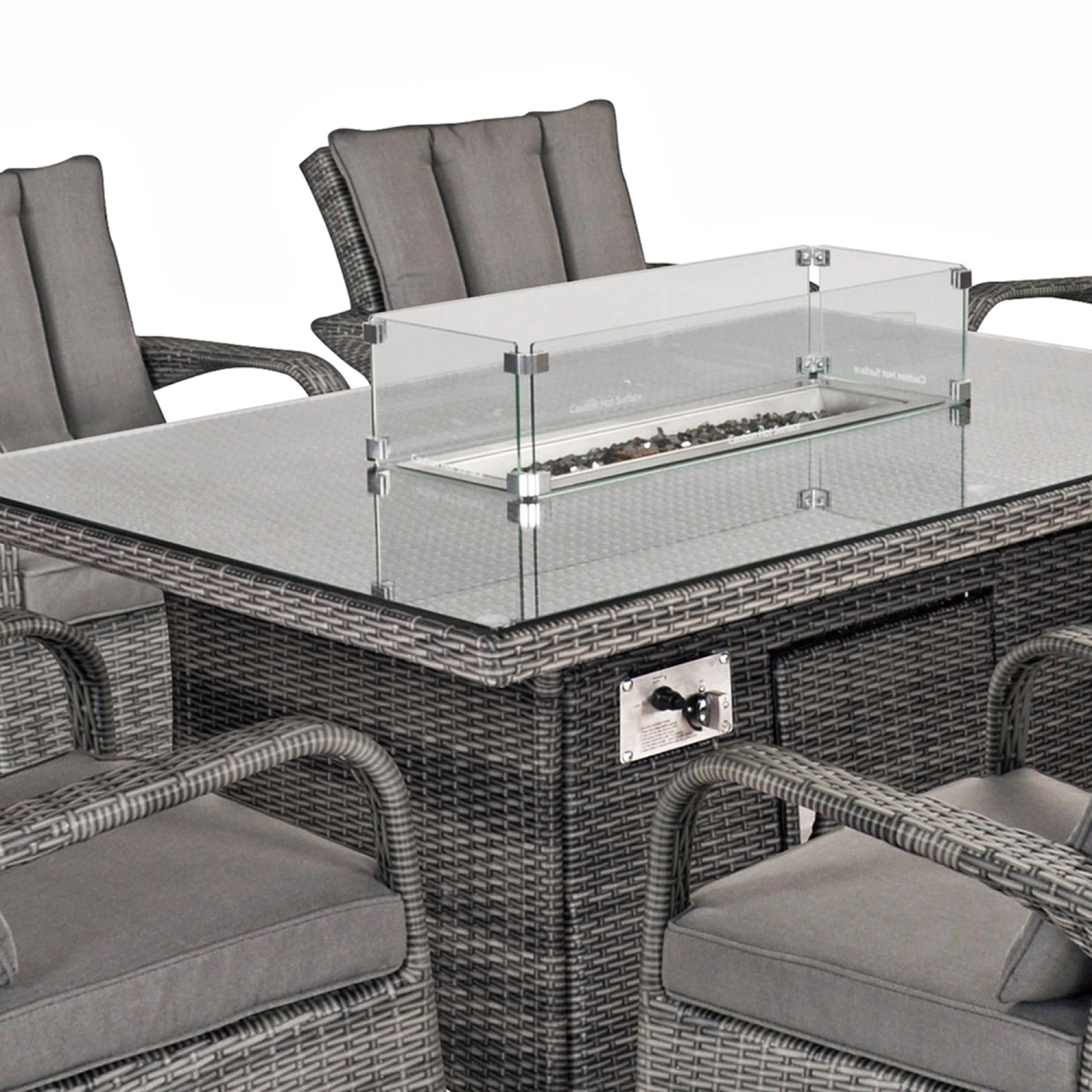 Aruba 150x100 Firepit Table & 6 Bridge Arm Chairs Outdoor Set – Grey Black with Grey Cushions