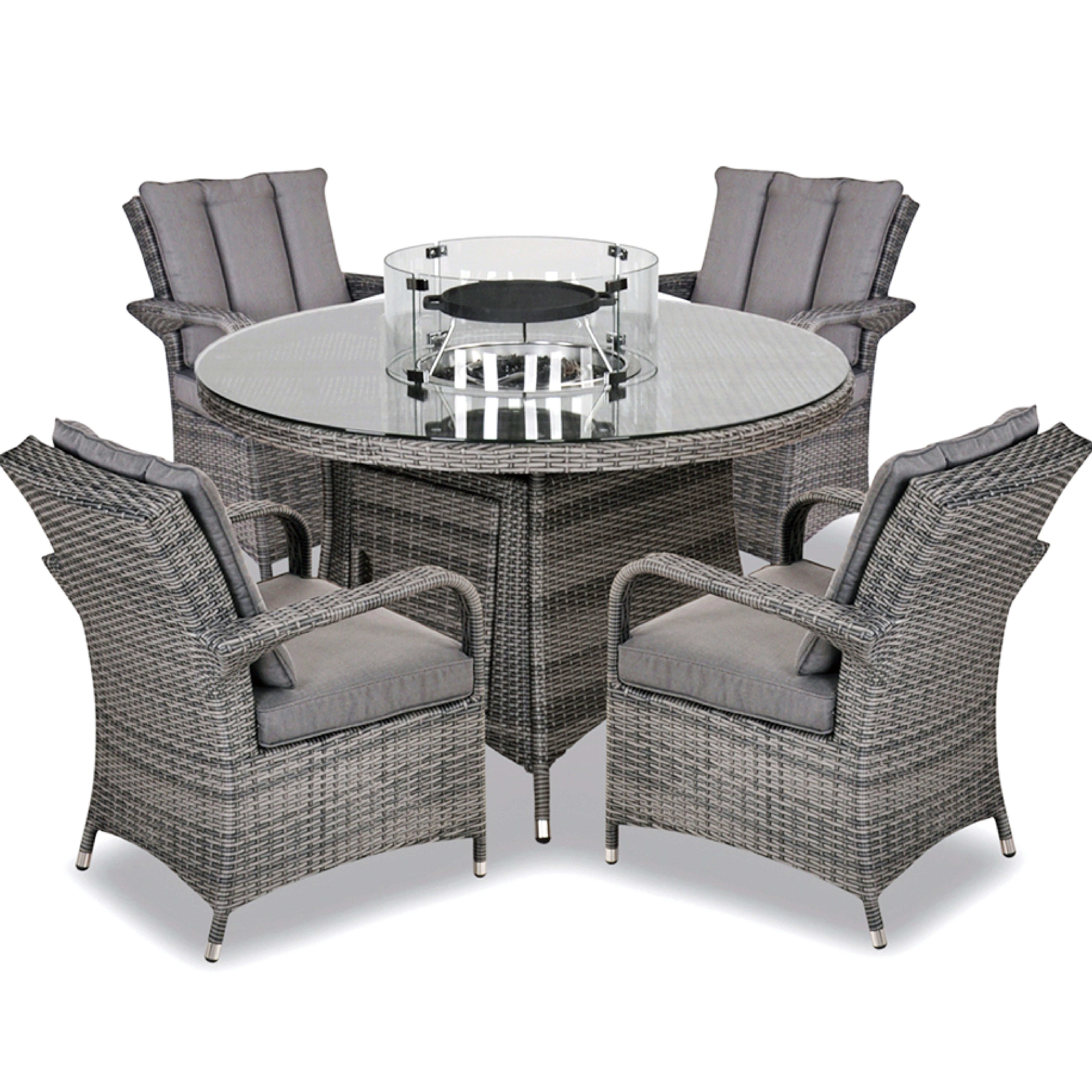 Aruba 120cm Round Firepit Table & 4 Bridge Arm Chairs Outdoor Set – Grey Black with Grey Cushions