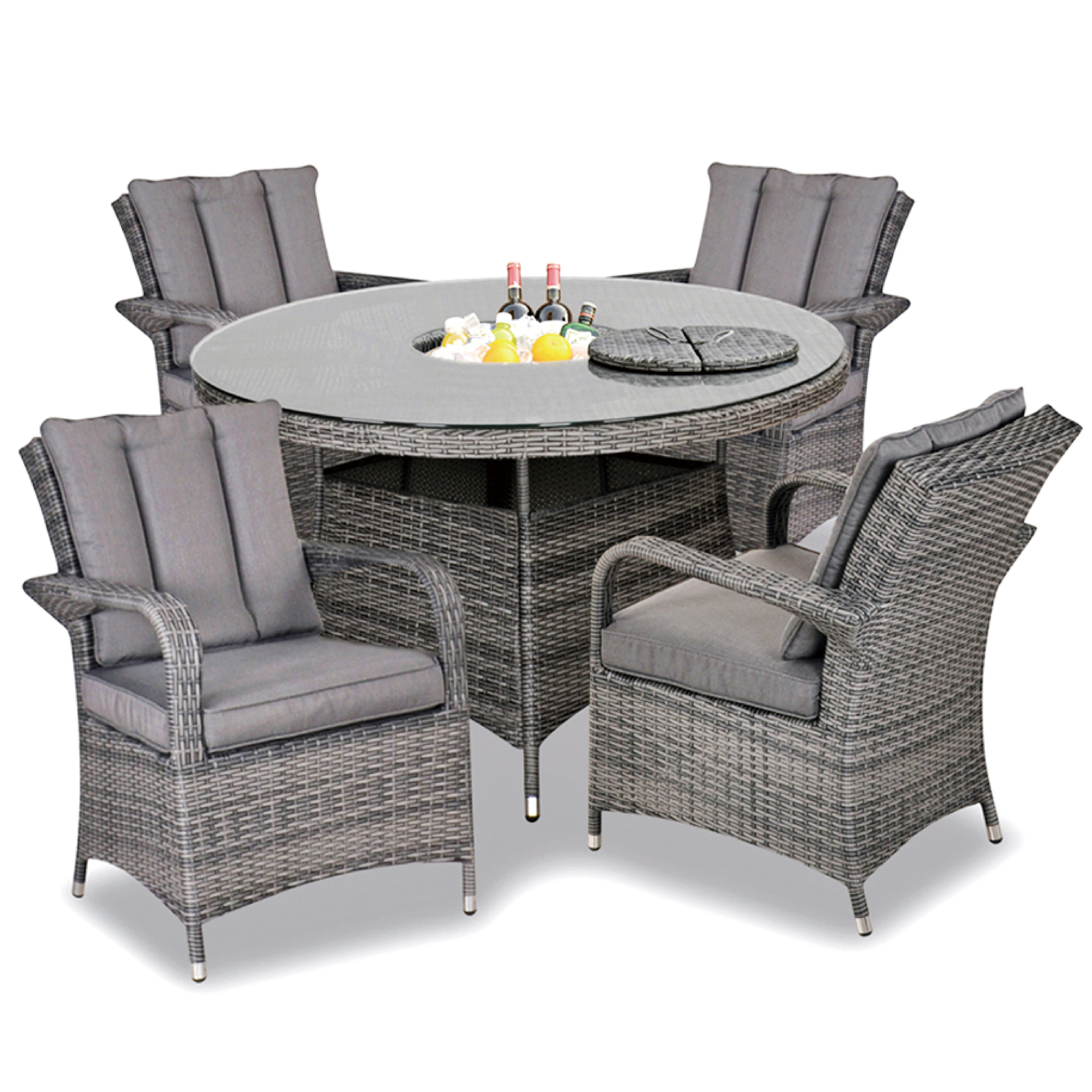 Aruba 120cm Round Table with Ice Bucket & 4 Bridge Arm Chairs Outdoor Set – Grey Black with Grey Cushions