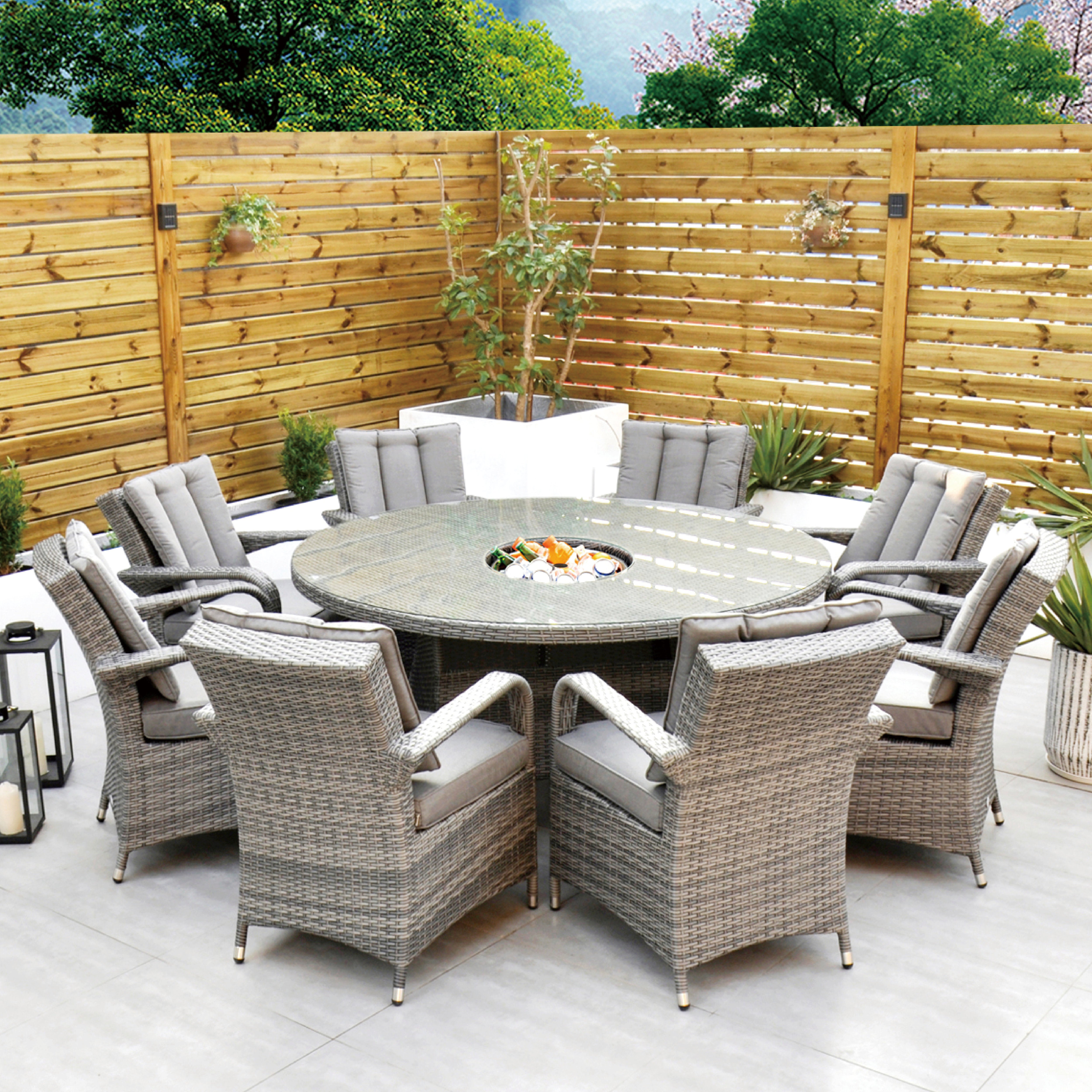 Aruba 155cm Round Table with Ice Bucket & 6 Bridge Arm Chairs Outdoor Set – Grey Black with Grey Cushions