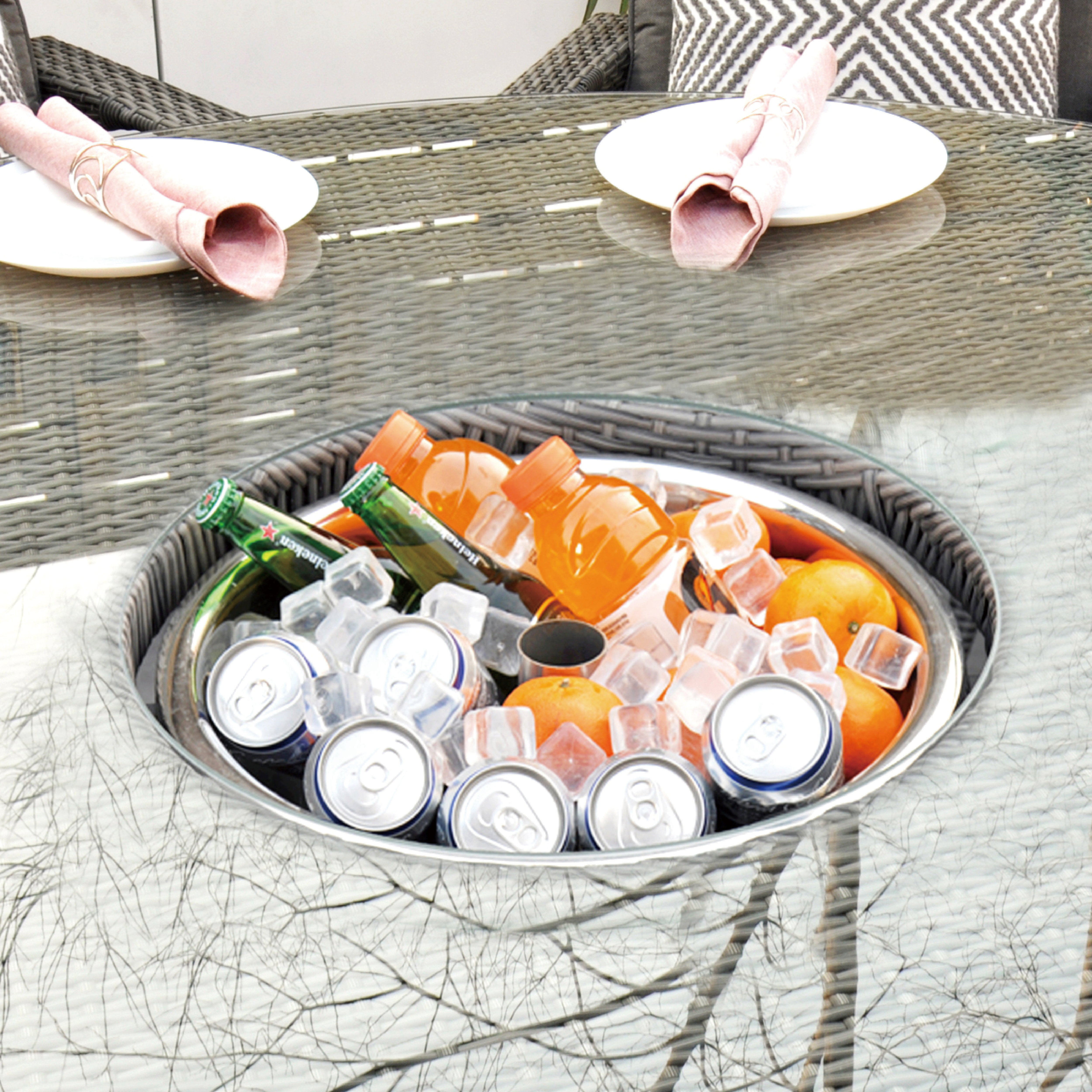 Aruba 155cm Round Table with Ice Bucket & 6 Bridge Arm Chairs Outdoor Set – Grey Black with Grey Cushions