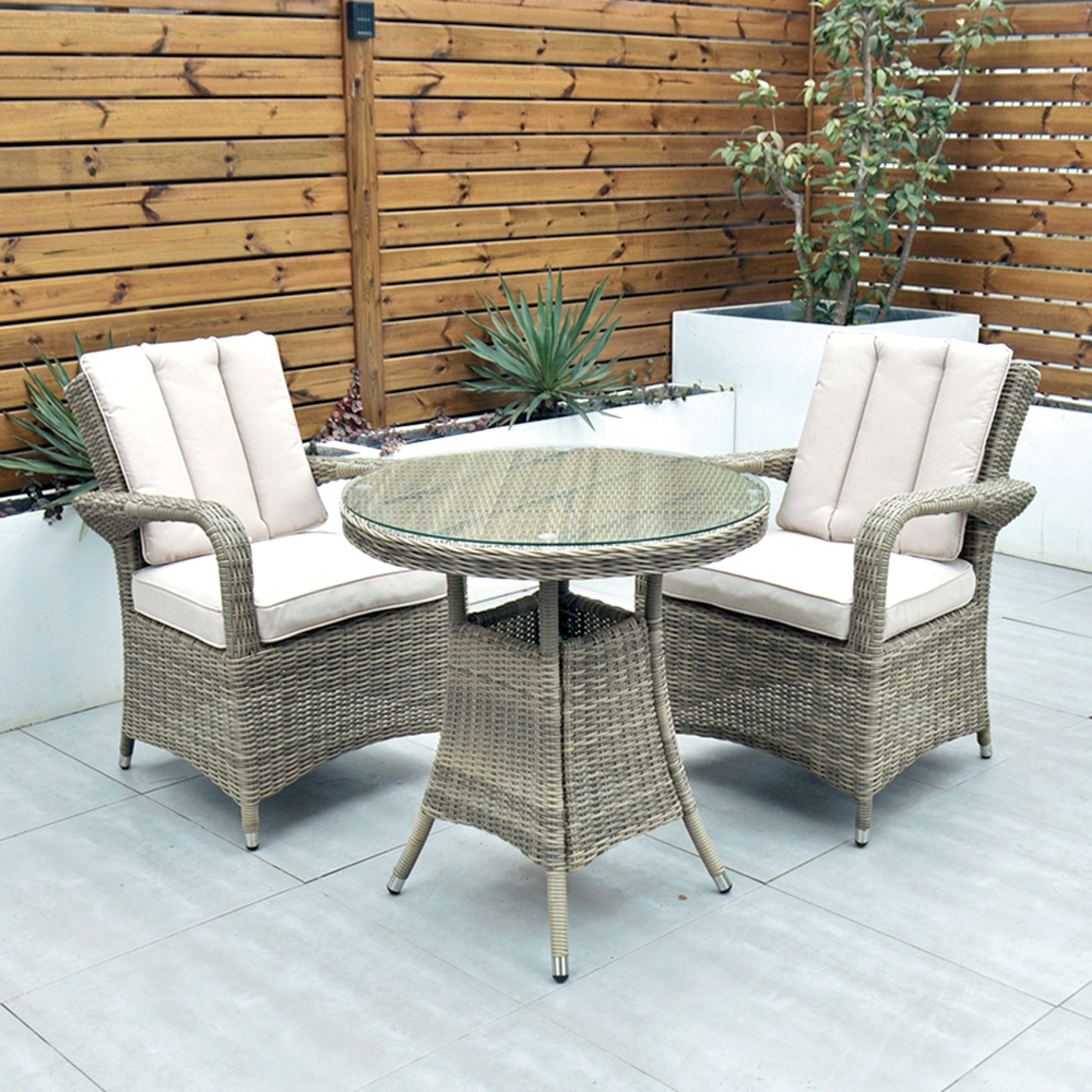 Cancun 70cm Round Table & 2 Bridge Arm Chairs Outdoor Set – Natural with Beige Cushions