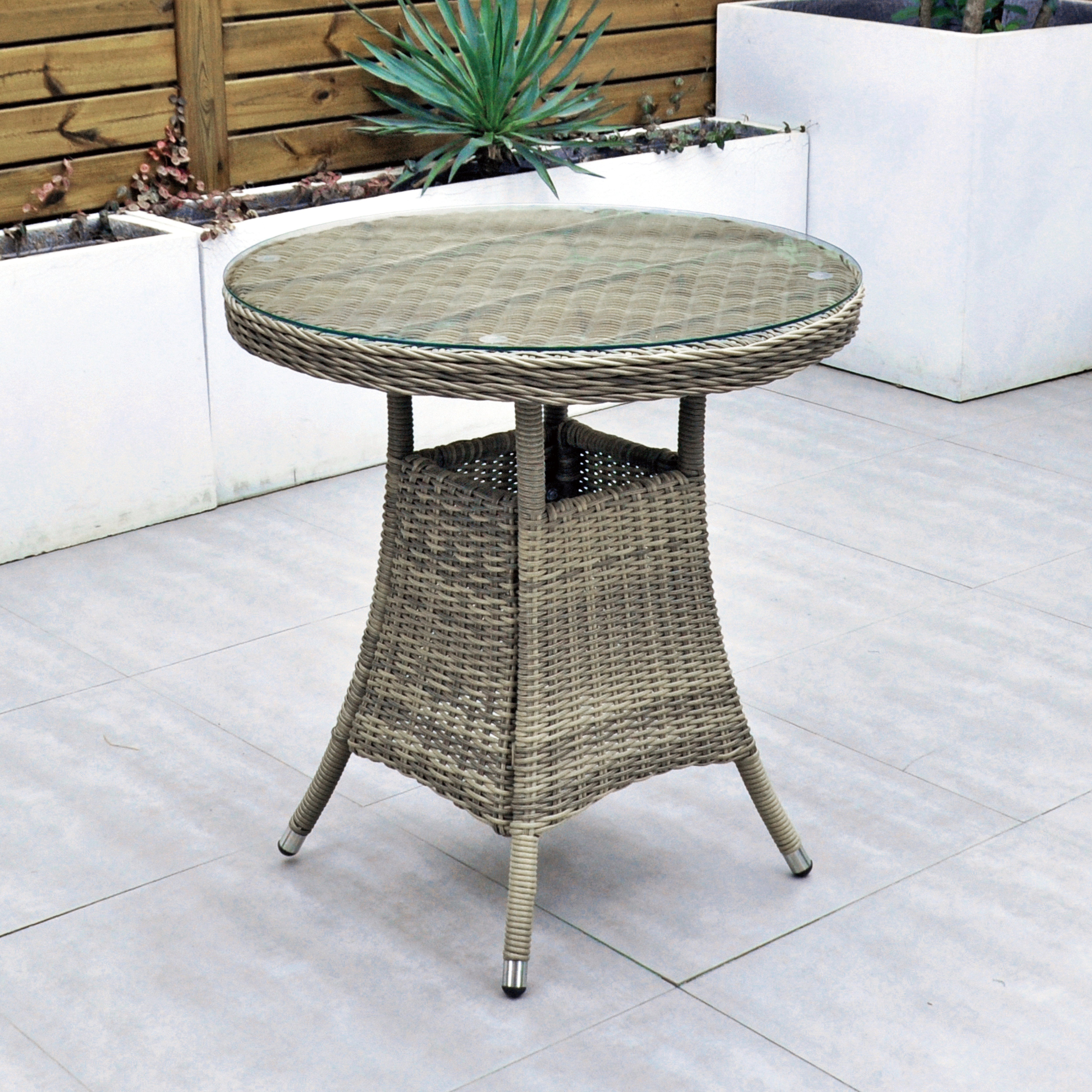 Cancun 70cm Round Table & 2 Bridge Arm Chairs Outdoor Set – Natural with Beige Cushions