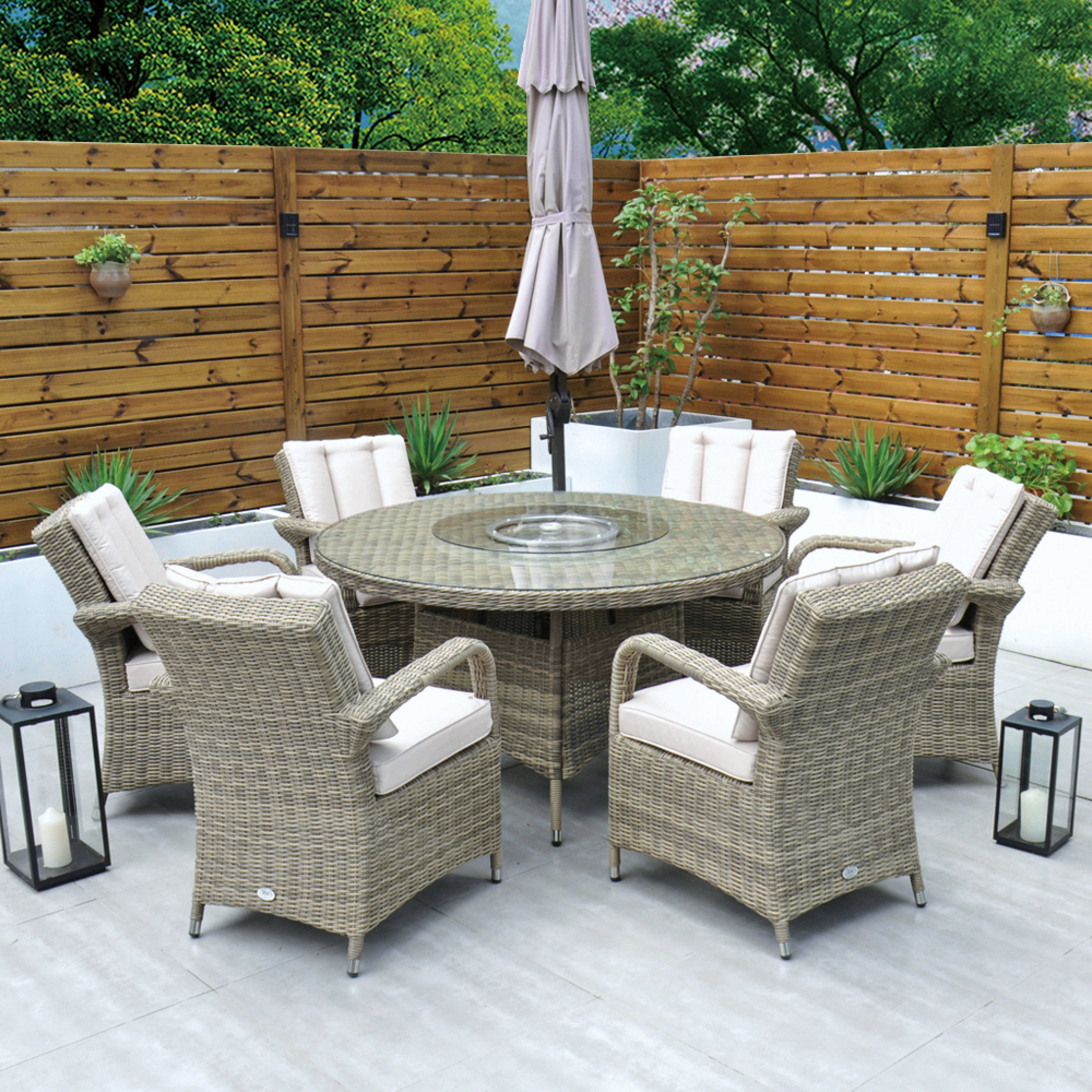 Cancun 135cm Round Table with Lazy Susan & 6 Bridge Arm Chairs Outdoor Set – Natural with Beige Cushions