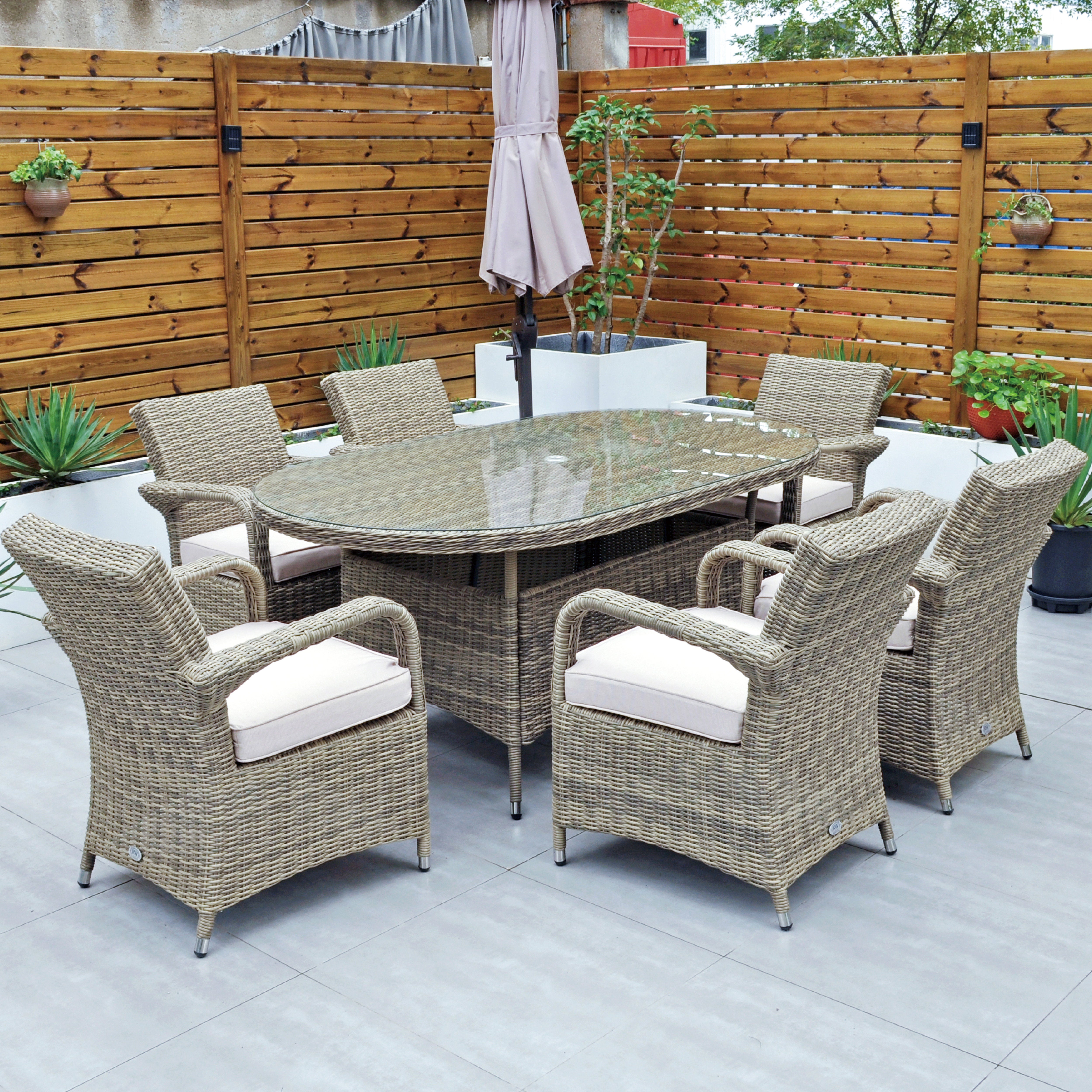 Cancun 180x100 Oval Table & 6 Bridge Arm Chairs Outdoor Set – Natural with Beige Cushions