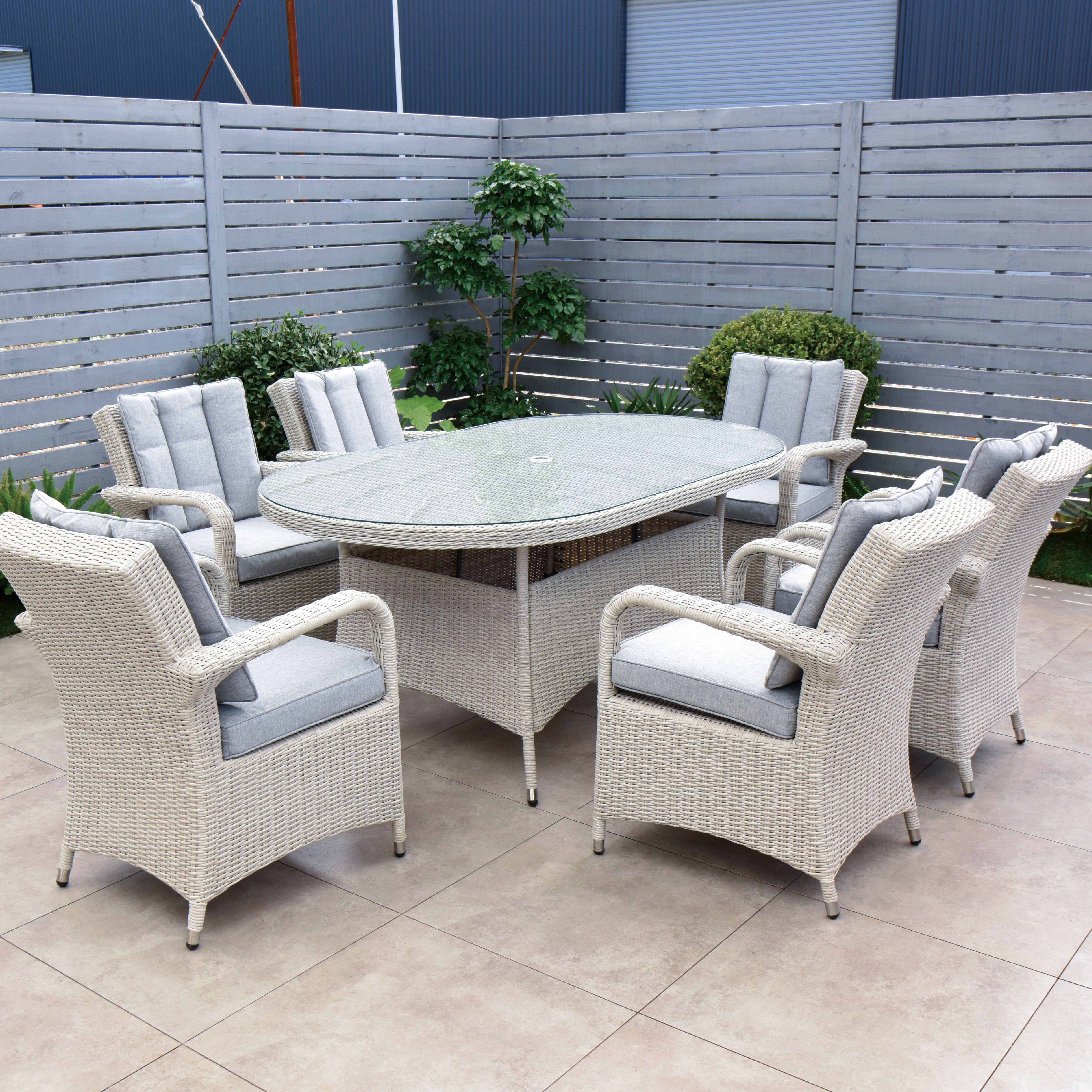 Cuba 180x100 Oval Table & 6 Bridge Arm Chairs Outdoor Set – White Washed with Grey Cushions
