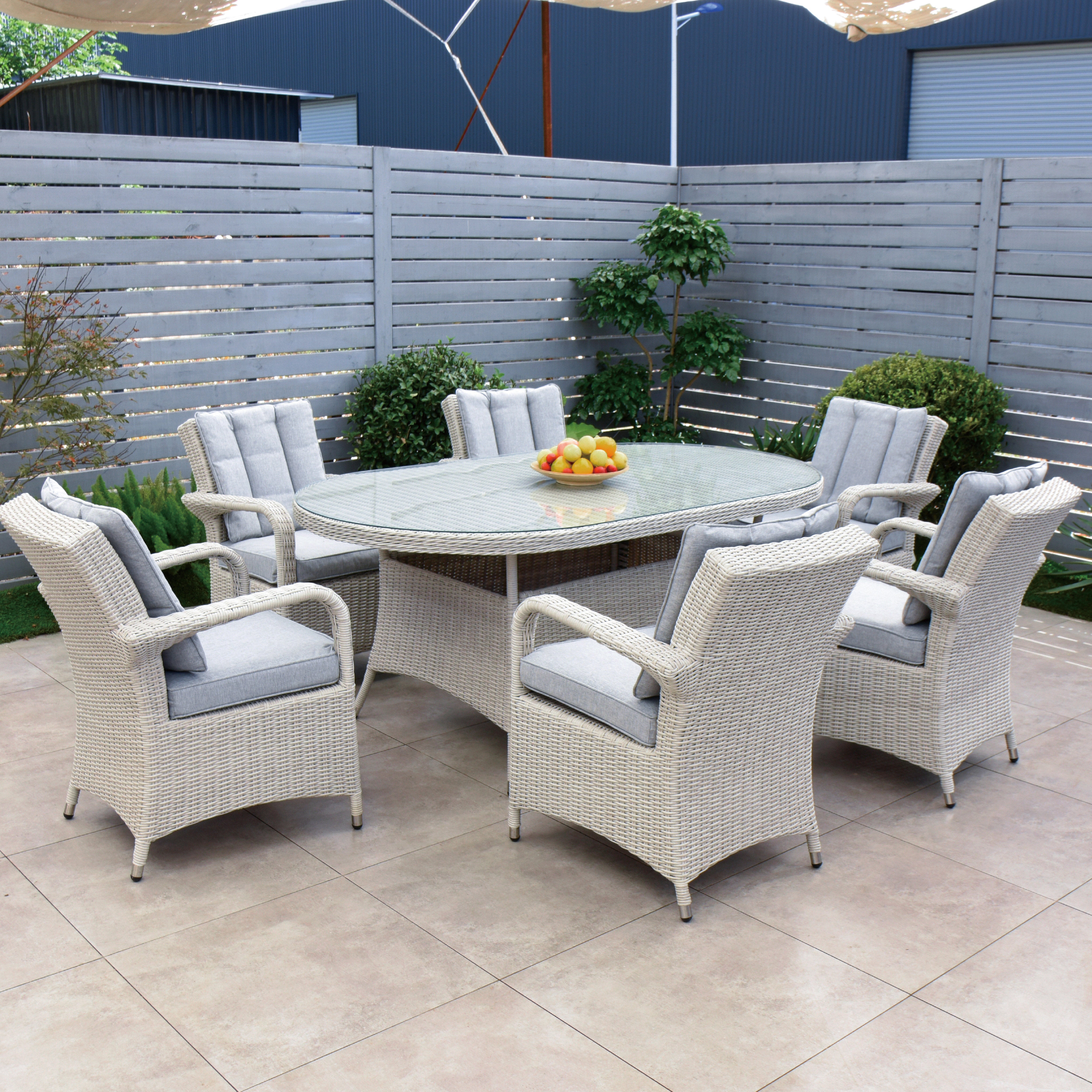 Cuba 180x100 Oval Table & 6 Bridge Arm Chairs Outdoor Set – White Washed with Grey Cushions