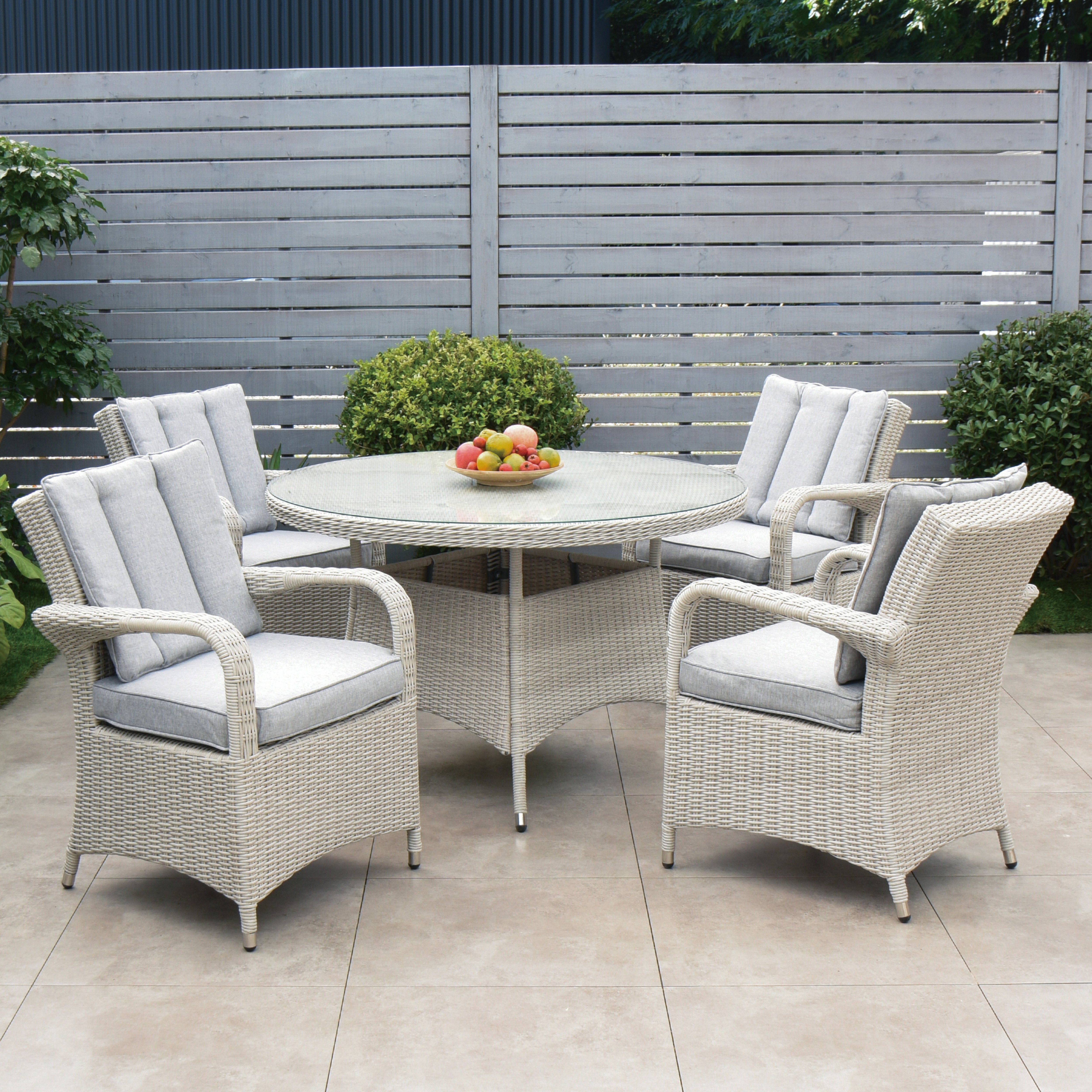 Cuba 120cm Round Table & 4 Bridge Arm Chairs Outdoor Set – White Washed with Grey Cushions