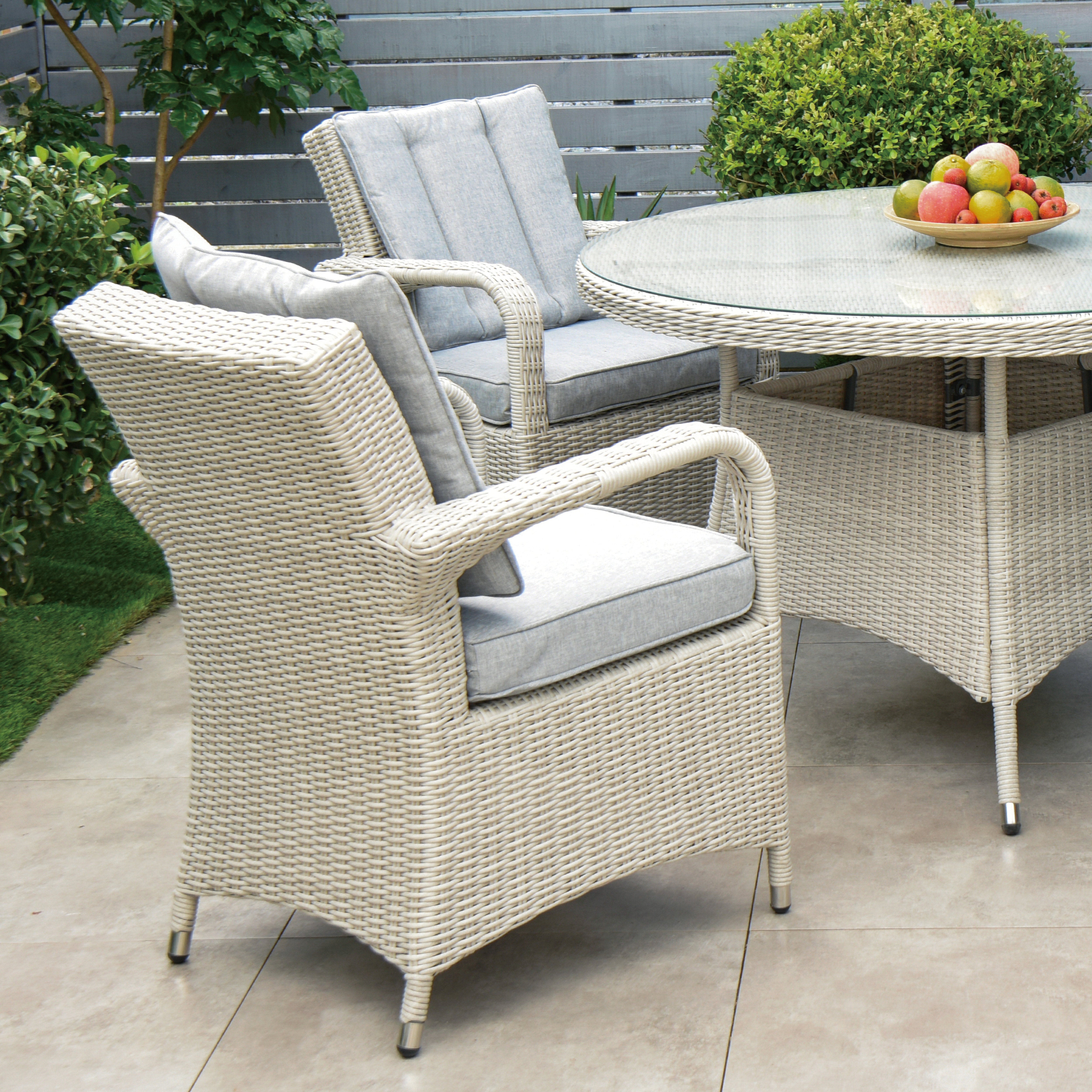 Cuba 120cm Round Table & 4 Bridge Arm Chairs Outdoor Set – White Washed with Grey Cushions
