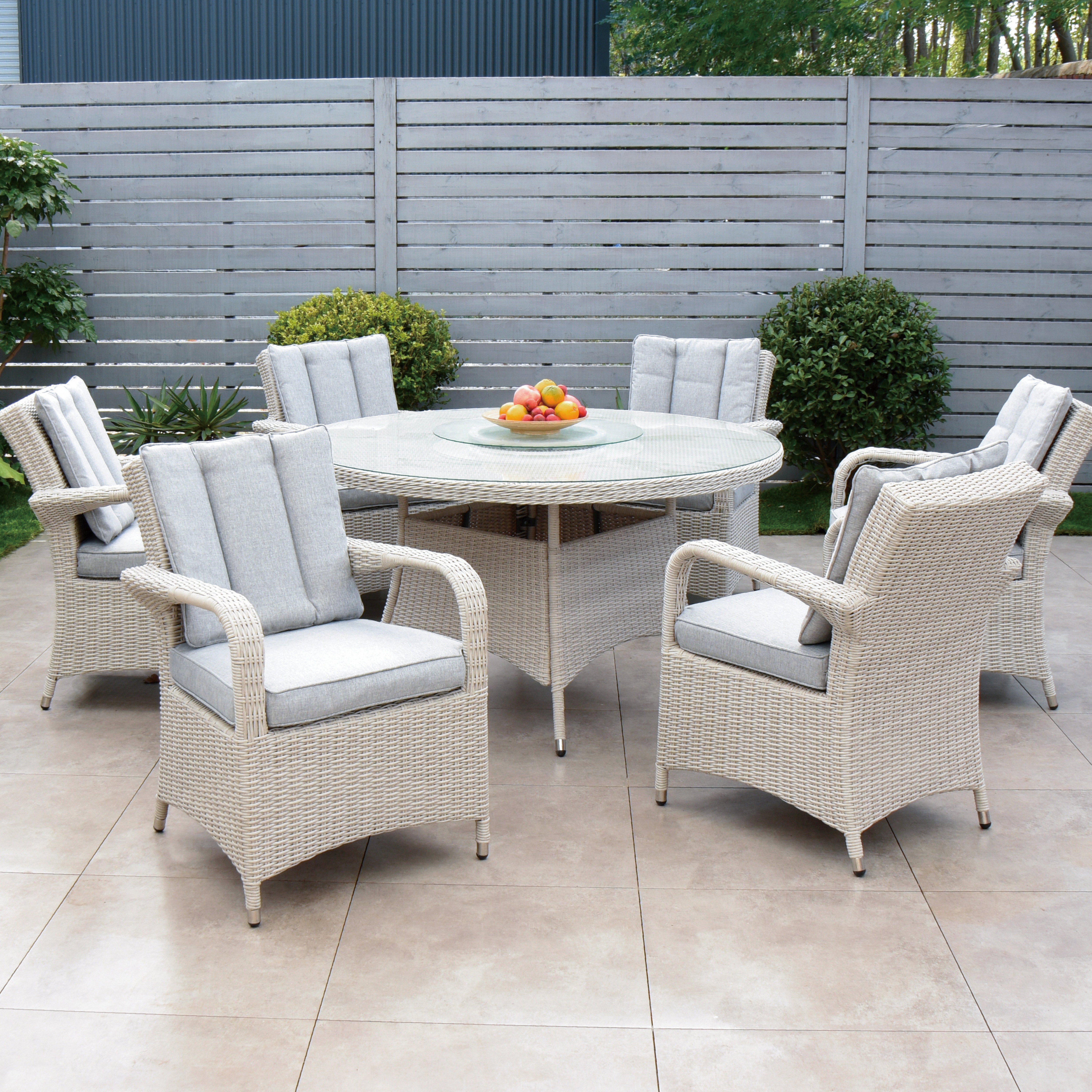 Cuba 135cm Round Table with Lazy Susan & 6 Bridge Arm Chairs Outdoor Set – White Washed with Grey Cushions