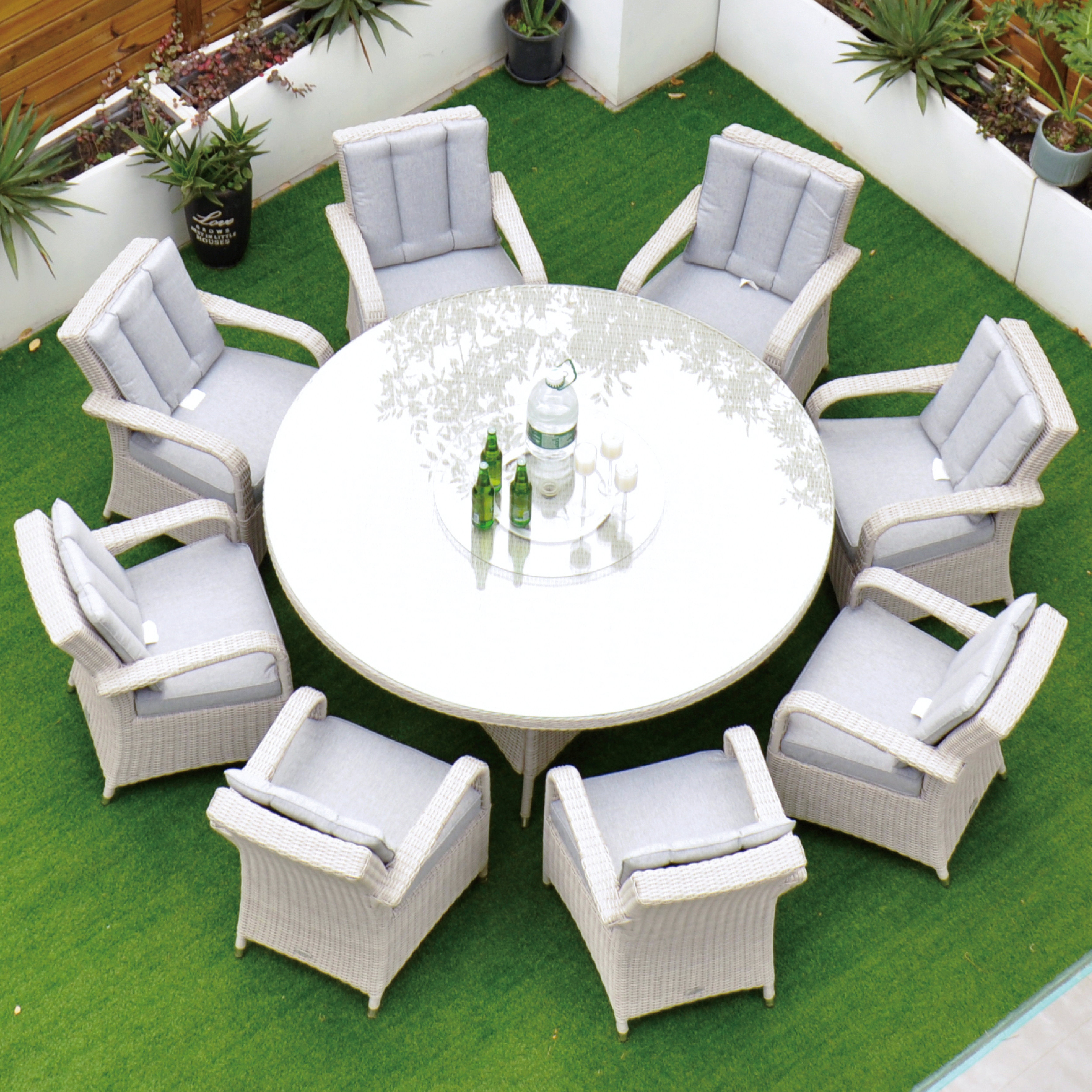 Cuba 170cm Round Table with Lazy Susan & 8 Bridge Arm Chairs Outdoor Set – White Washed with Grey Cushions