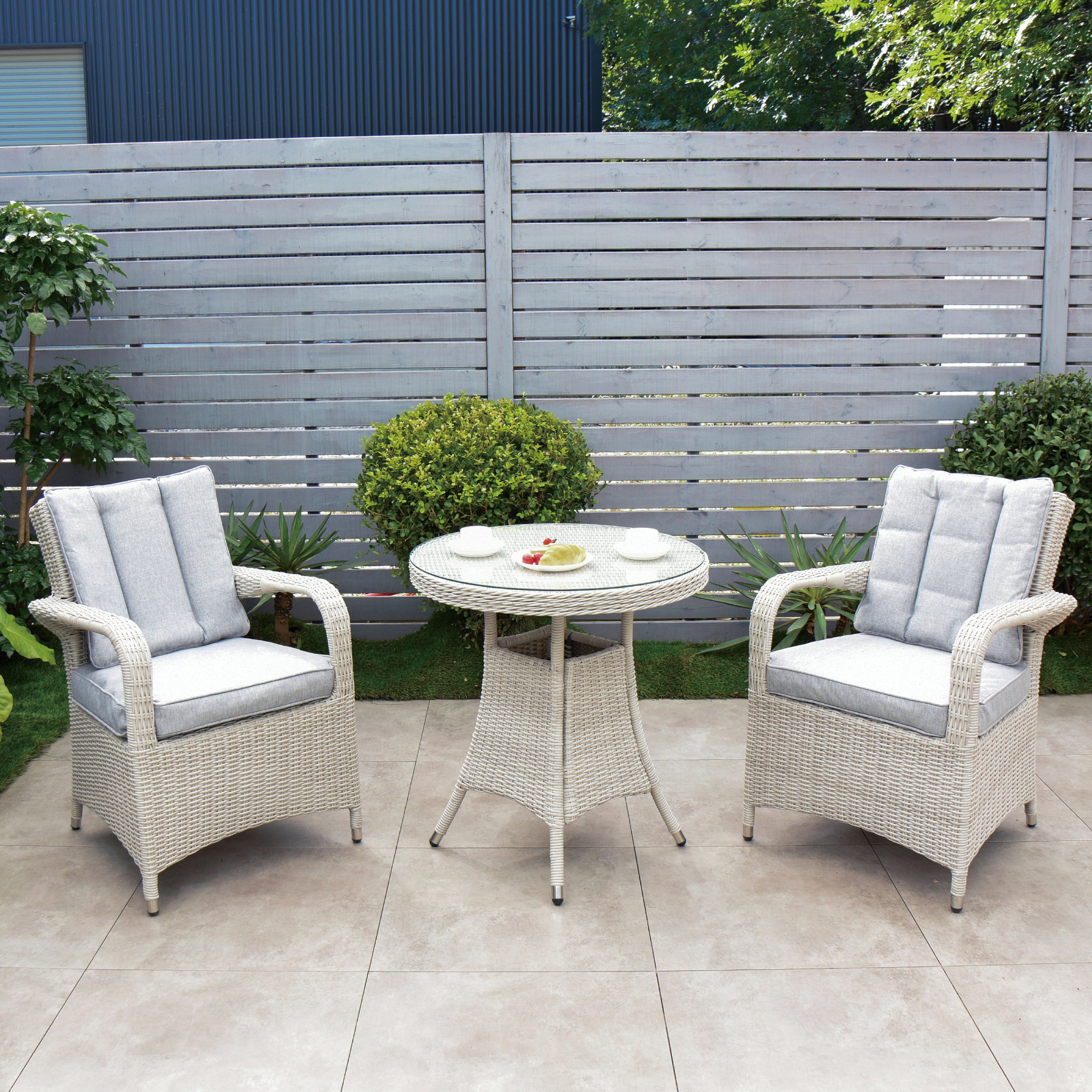 Cuba 70cm Round Table & 2 Bridge Arm Chairs Outdoor Set – White Washed with Grey Cushions