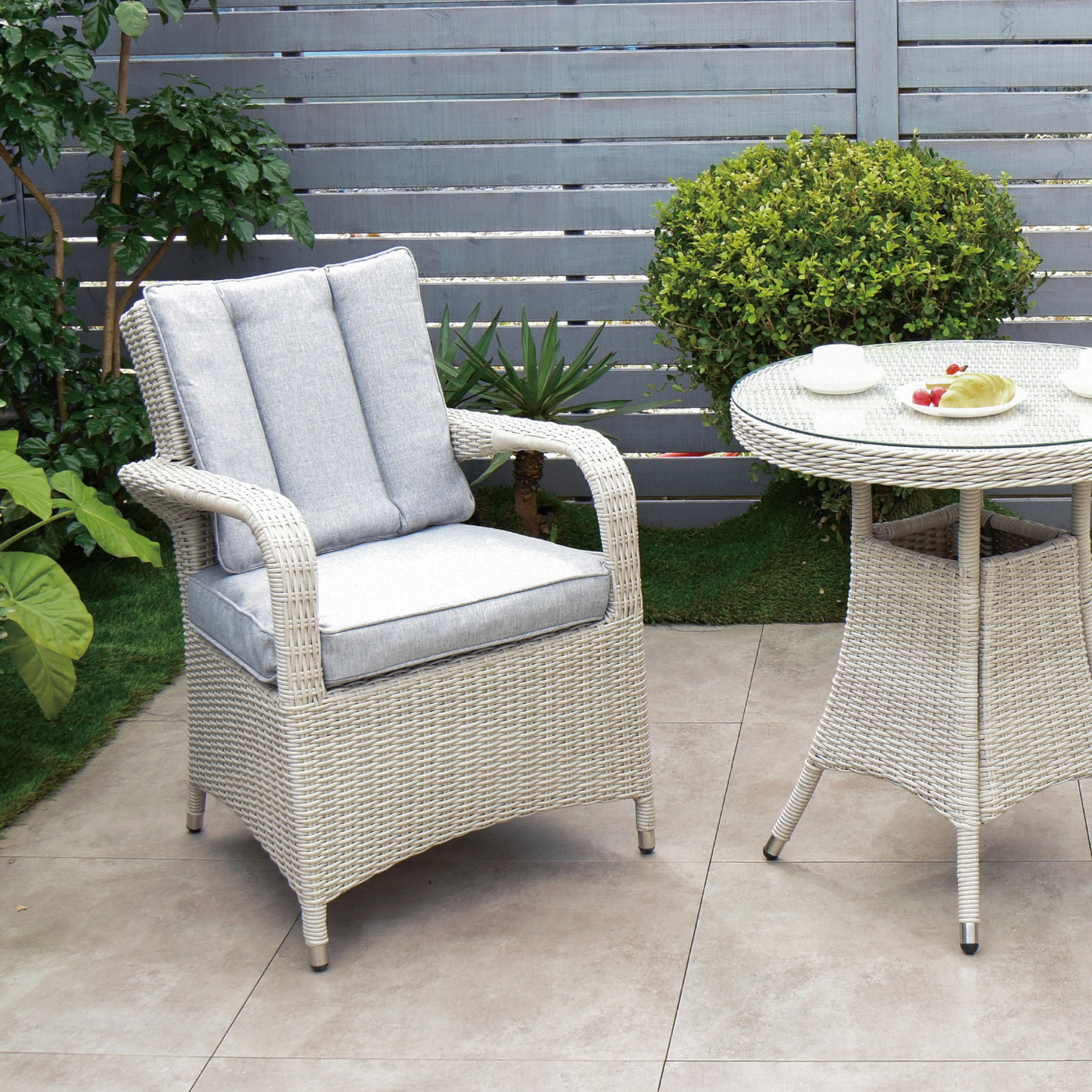 Cuba 70cm Round Table & 2 Bridge Arm Chairs Outdoor Set – White Washed with Grey Cushions