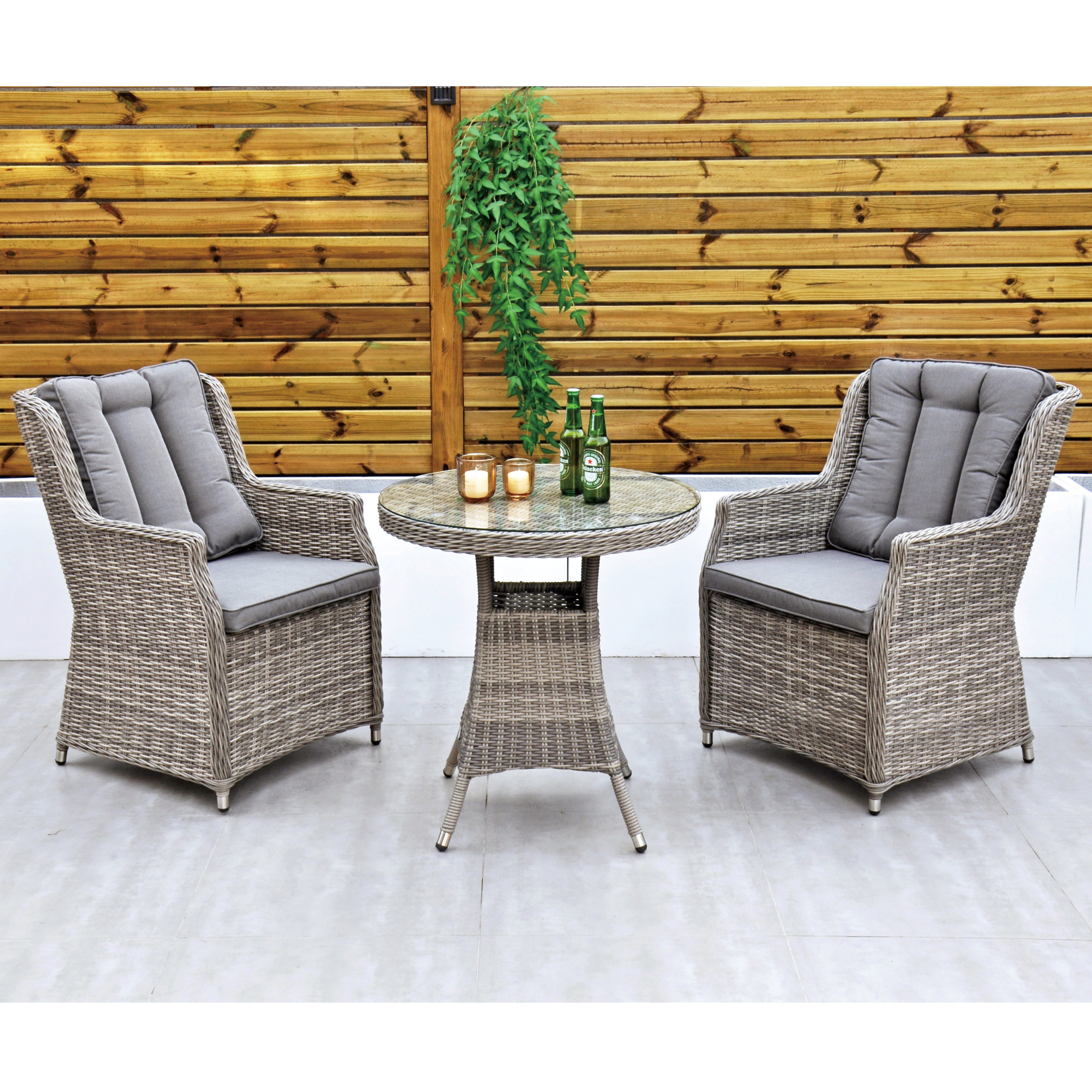 Dominica 70cm Round Table & 2 Dining Chairs Outdoor Set – Grey with Grey Cushions