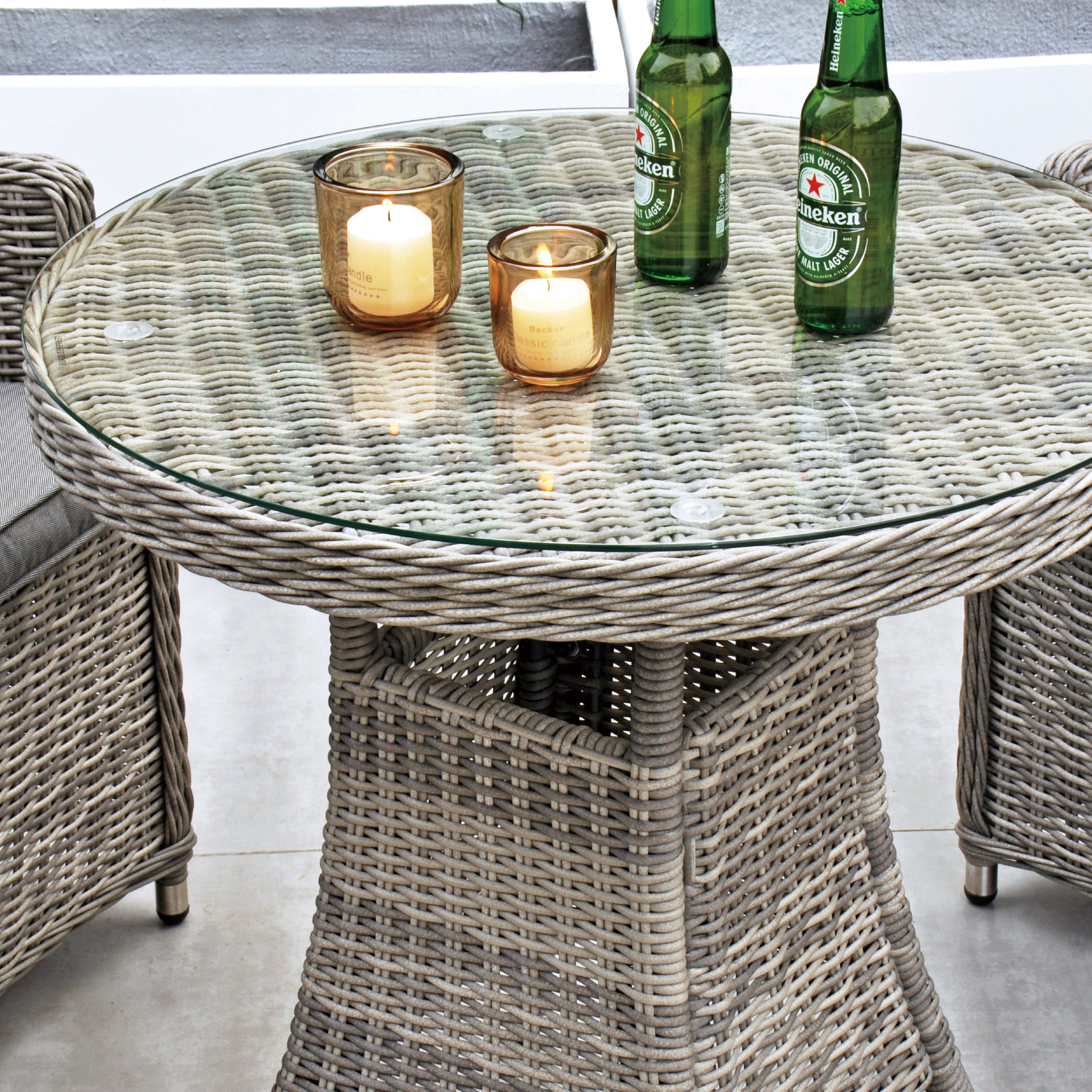 Dominica 70cm Round Table & 2 Dining Chairs Outdoor Set – Grey with Grey Cushions