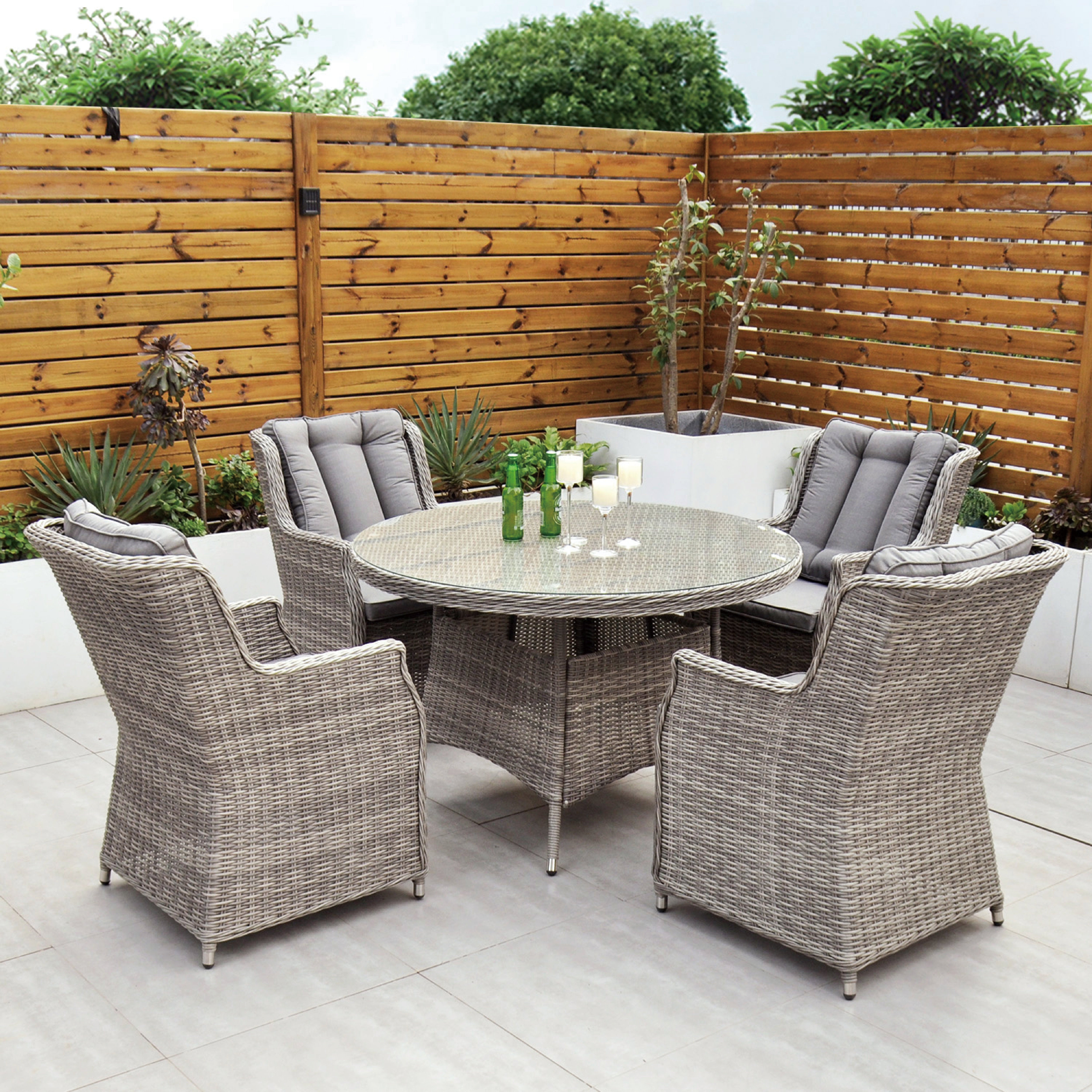 Dominica 120cm Round Table & 4 Dining Chairs Outdoor Set – Grey with Grey Cushions