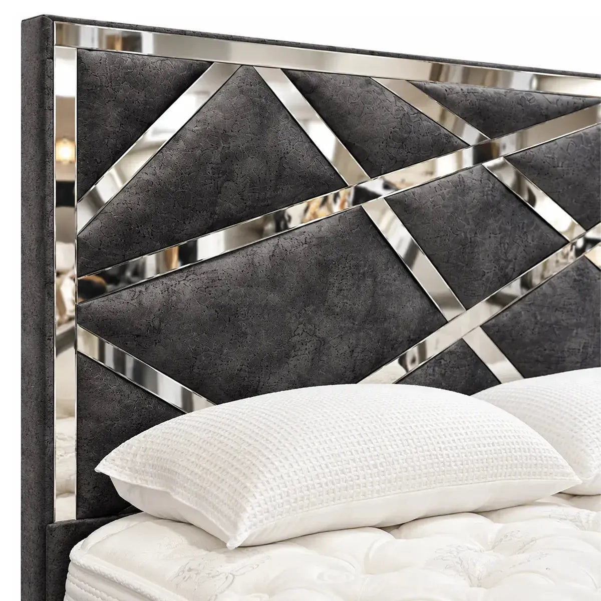 Abstract Mirror King Size Ottoman Bed in Marble Steel