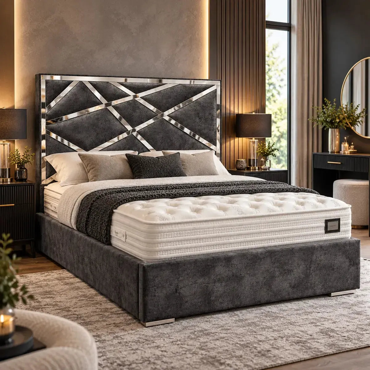 Abstract Mirror King Size Ottoman Bed in Marble Steel