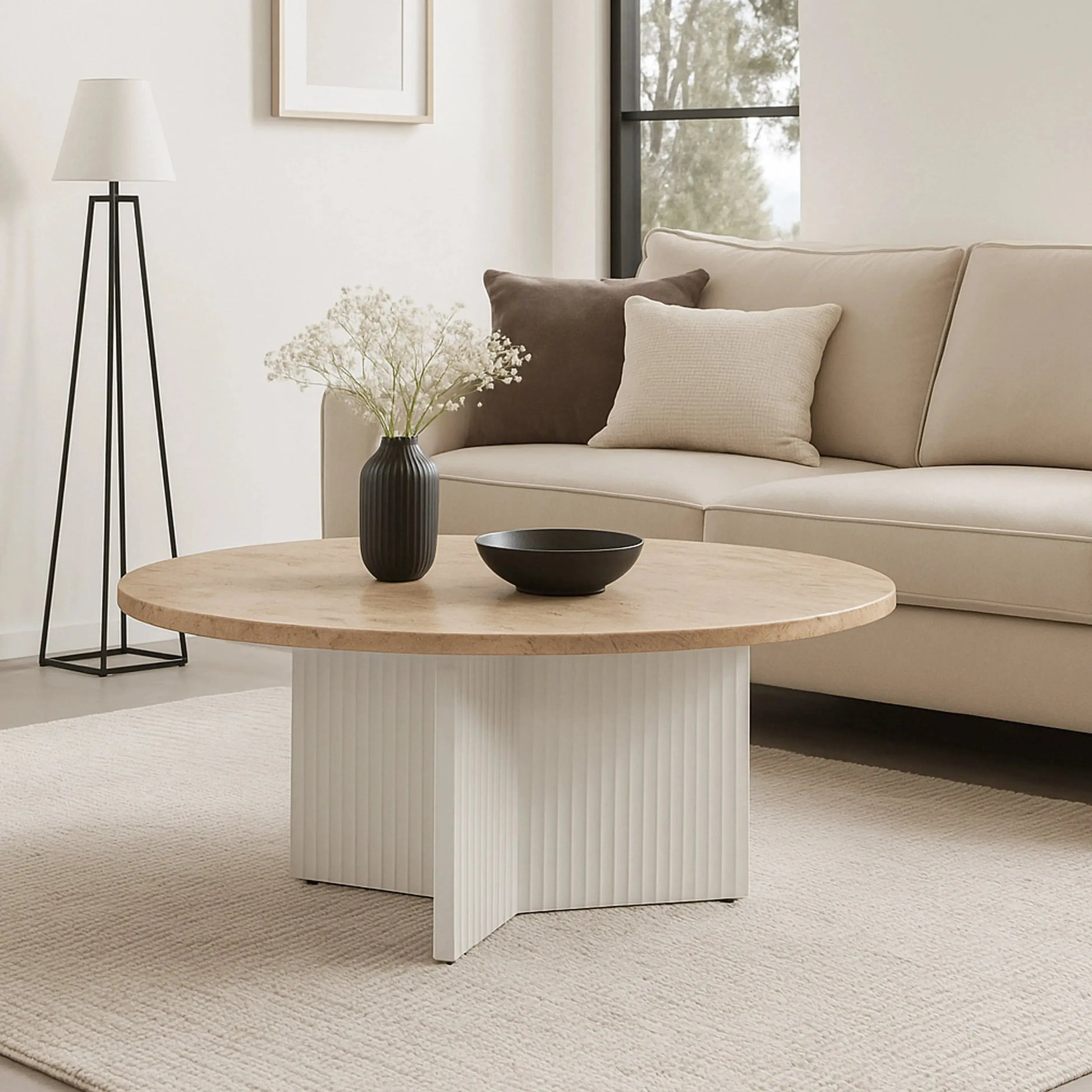 Amara White - Coffee Table with Travertine Top