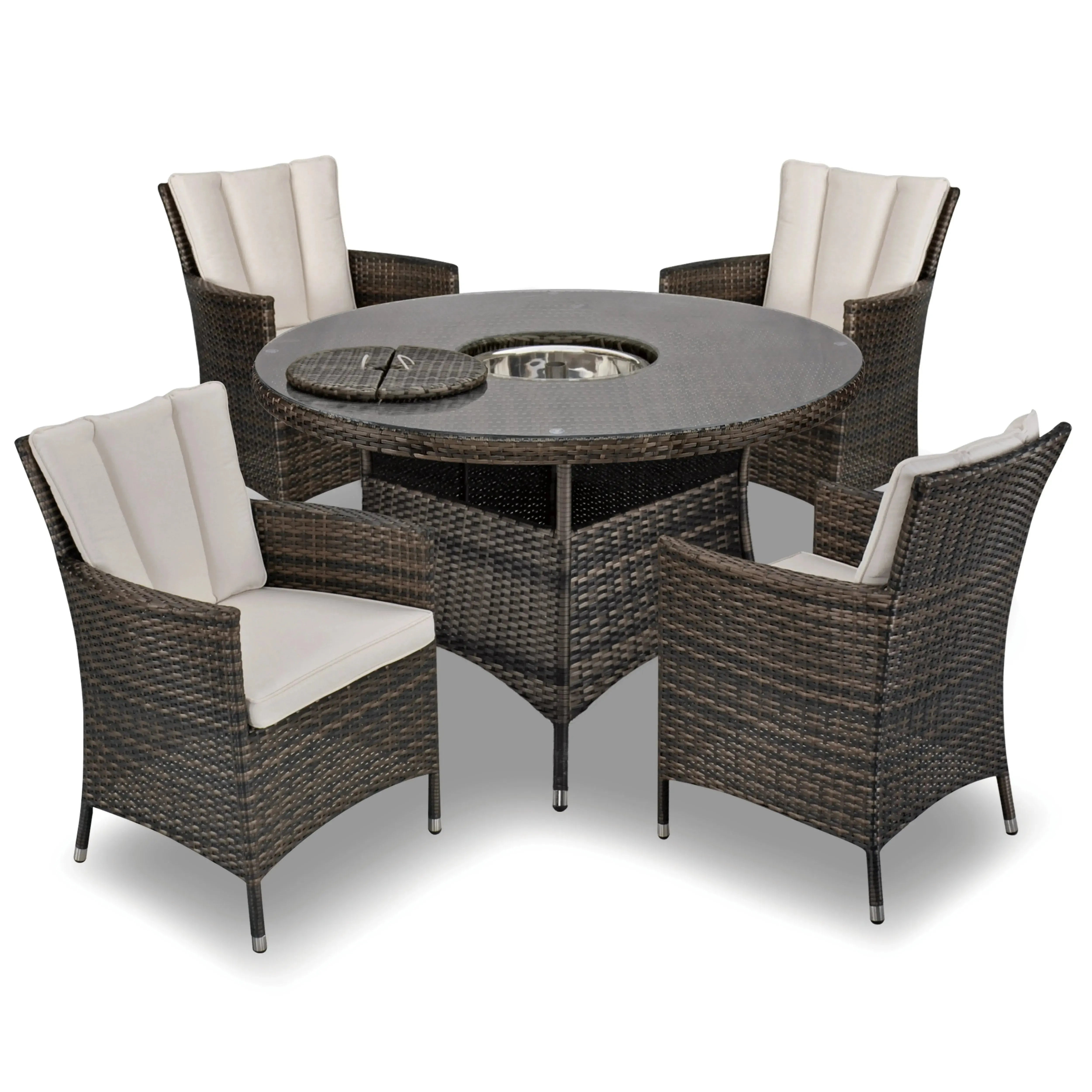 Antigua 120cm Round Table with Ice Bucket & 4 Dining Chairs Outdoor Set – Bronze Brown with Ivory Cushions