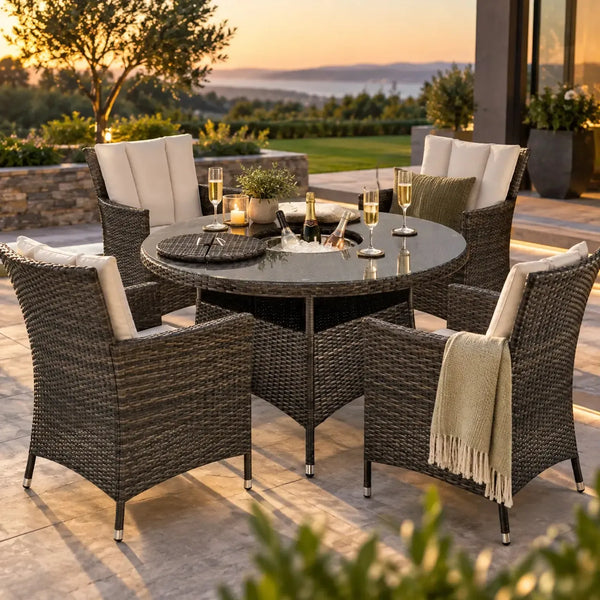 Antigua 120cm Round Table with Ice Bucket & 4 Dining Chairs Outdoor Set – Bronze Brown with Ivory Cushions