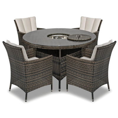 Antigua 120cm Round Table with Ice Bucket & 4 Dining Chairs Outdoor Set – Bronze Brown with Ivory Cushions