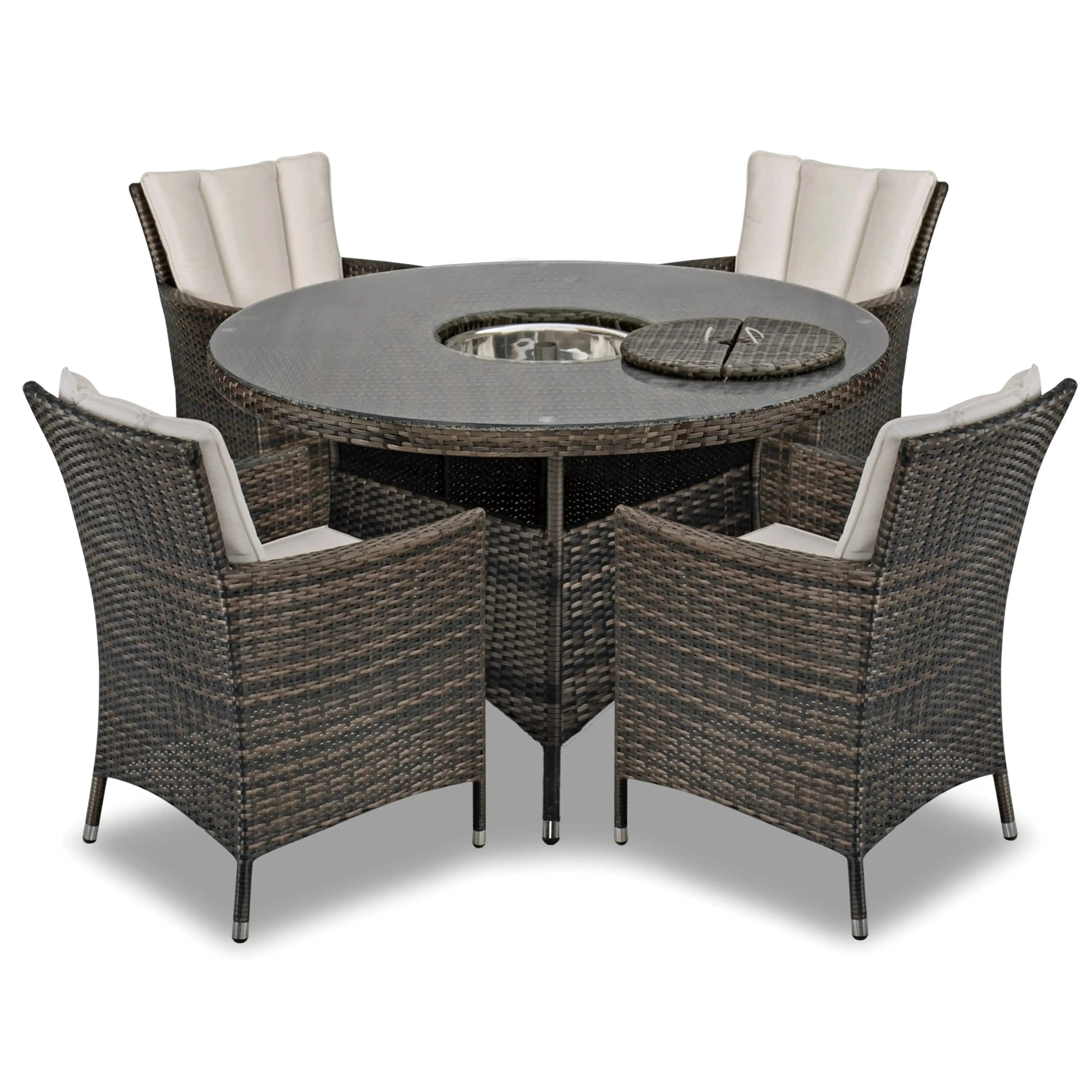 Antigua 120cm Round Table with Ice Bucket & 4 Dining Chairs Outdoor Set – Bronze Brown with Ivory Cushions