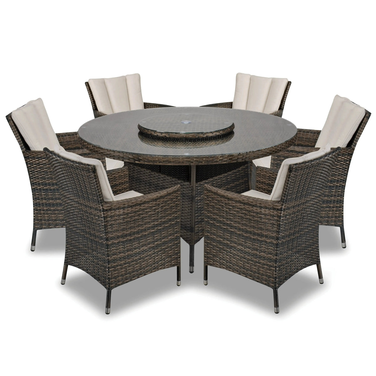 Antigua 135cm Round Table with Lazy Susan & 6 Dining Chairs Outdoor Set – Bronze Brown with Ivory Cushions