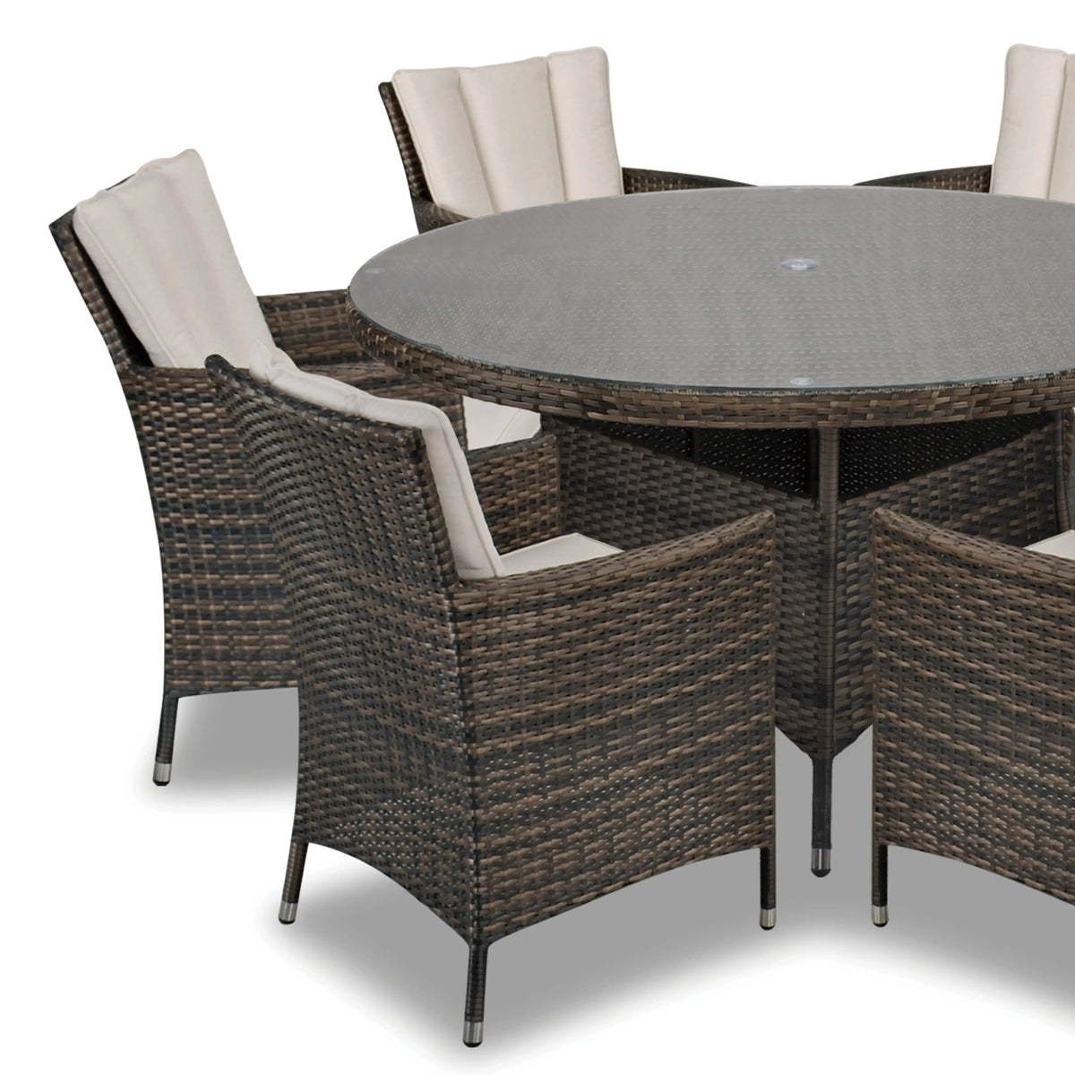 Antigua 135cm Round Table with Lazy Susan & 6 Dining Chairs Outdoor Set – Bronze Brown with Ivory Cushions