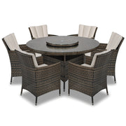Antigua 135cm Round Table with Lazy Susan & 6 Dining Chairs Outdoor Set – Bronze Brown with Ivory Cushions