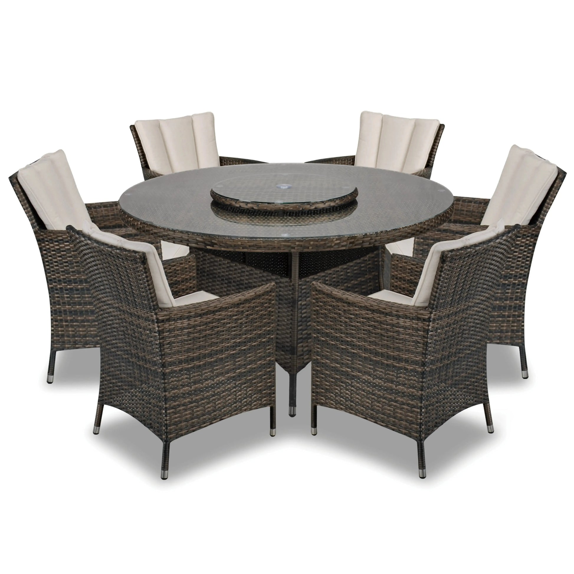 Antigua 135cm Round Table with Lazy Susan & 6 Dining Chairs Outdoor Set – Bronze Brown with Ivory Cushions