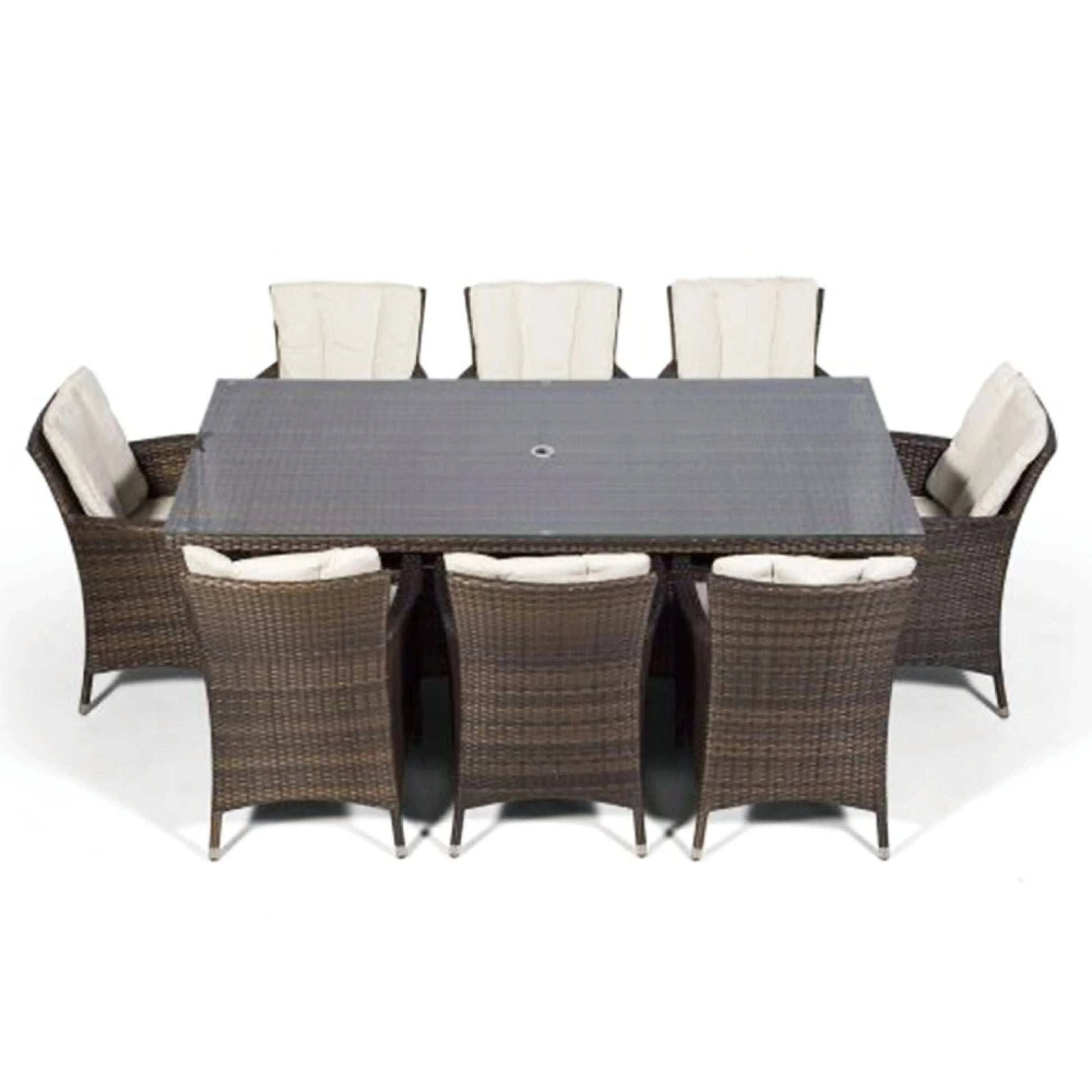 Antigua 200x100 Dining Table & 6 Dining Chairs Outdoor Set – Bronze Brown with Ivory Cushions