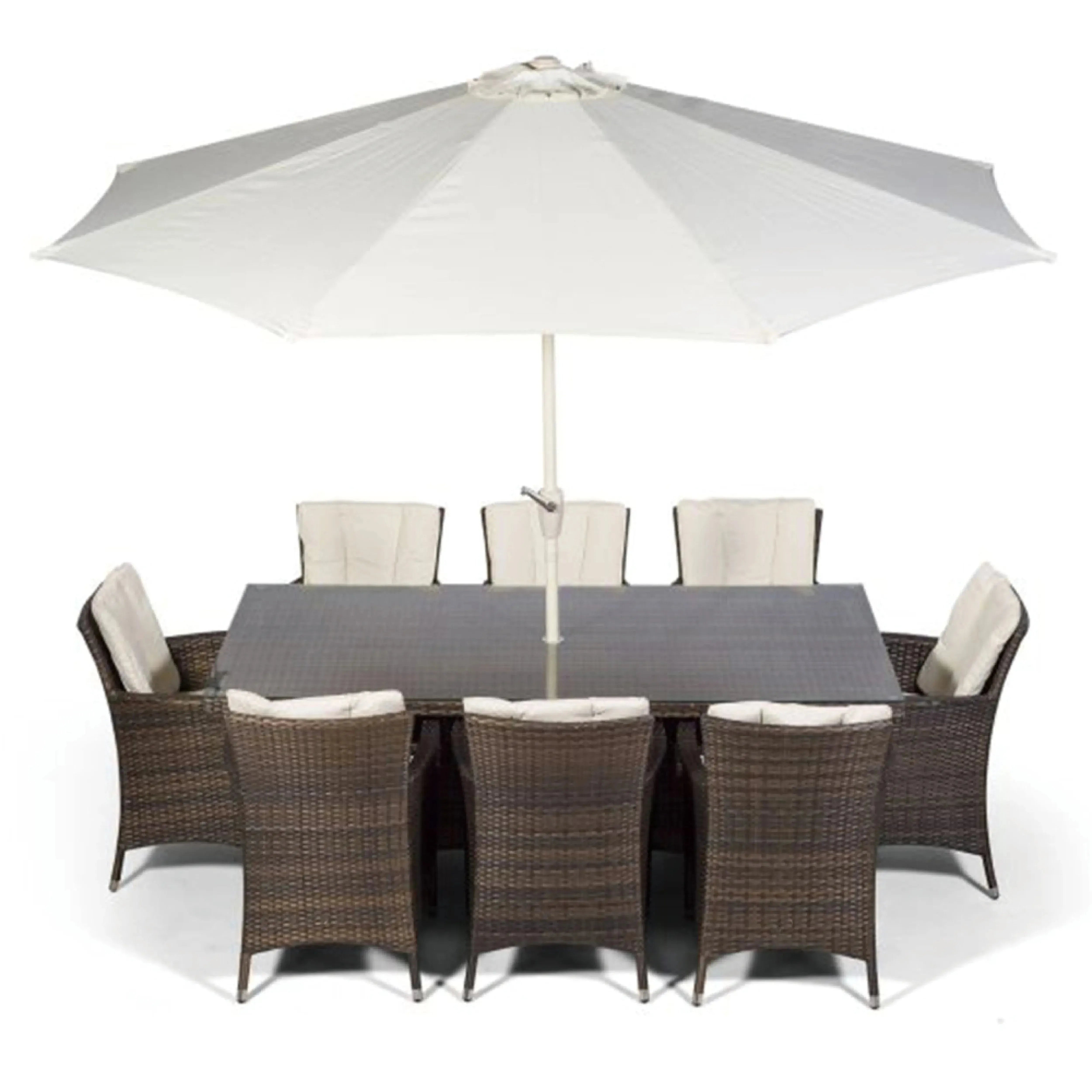 Antigua 200x100 Dining Table & 6 Dining Chairs Outdoor Set – Bronze Brown with Ivory Cushions