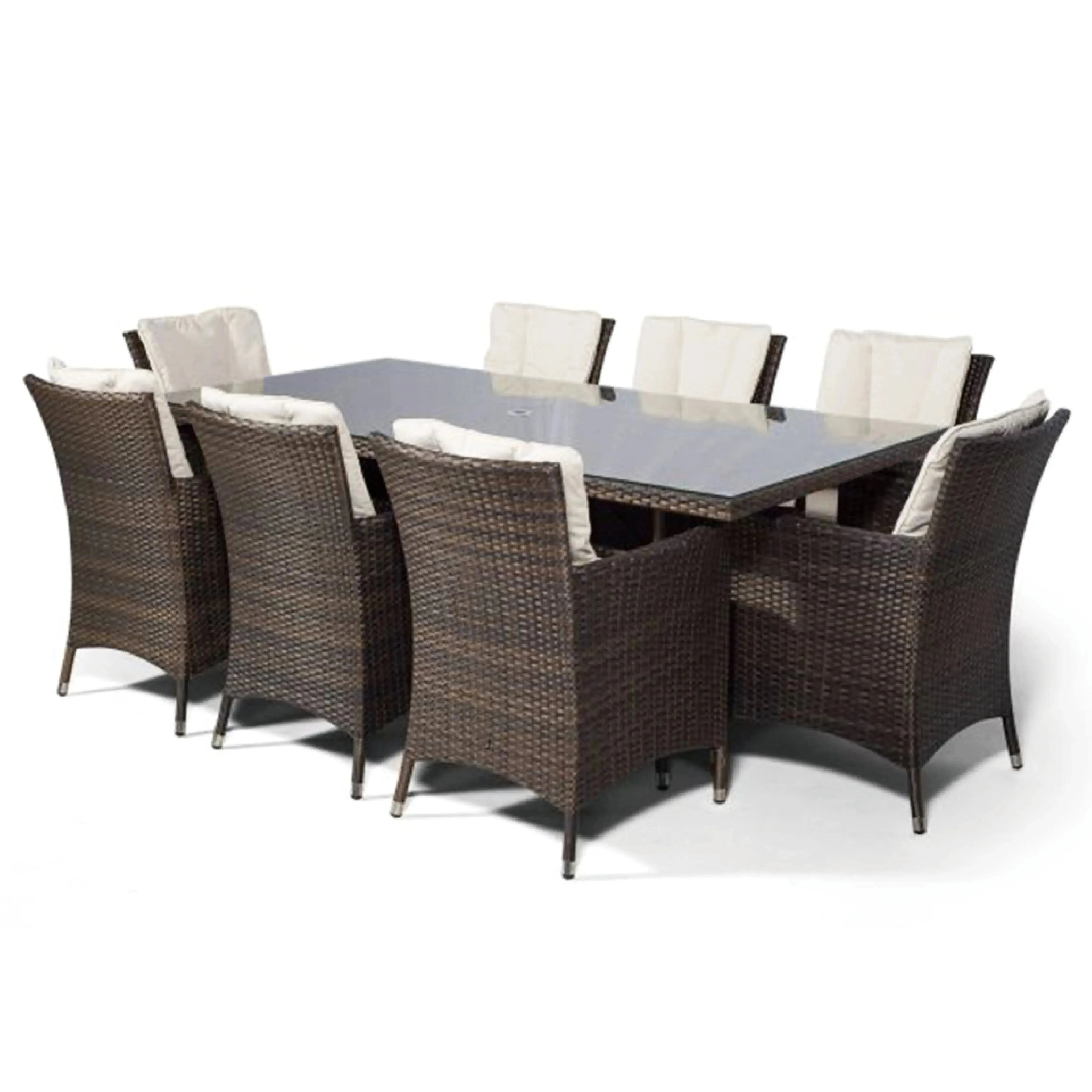 Antigua 200x100 Dining Table & 6 Dining Chairs Outdoor Set – Bronze Brown with Ivory Cushions