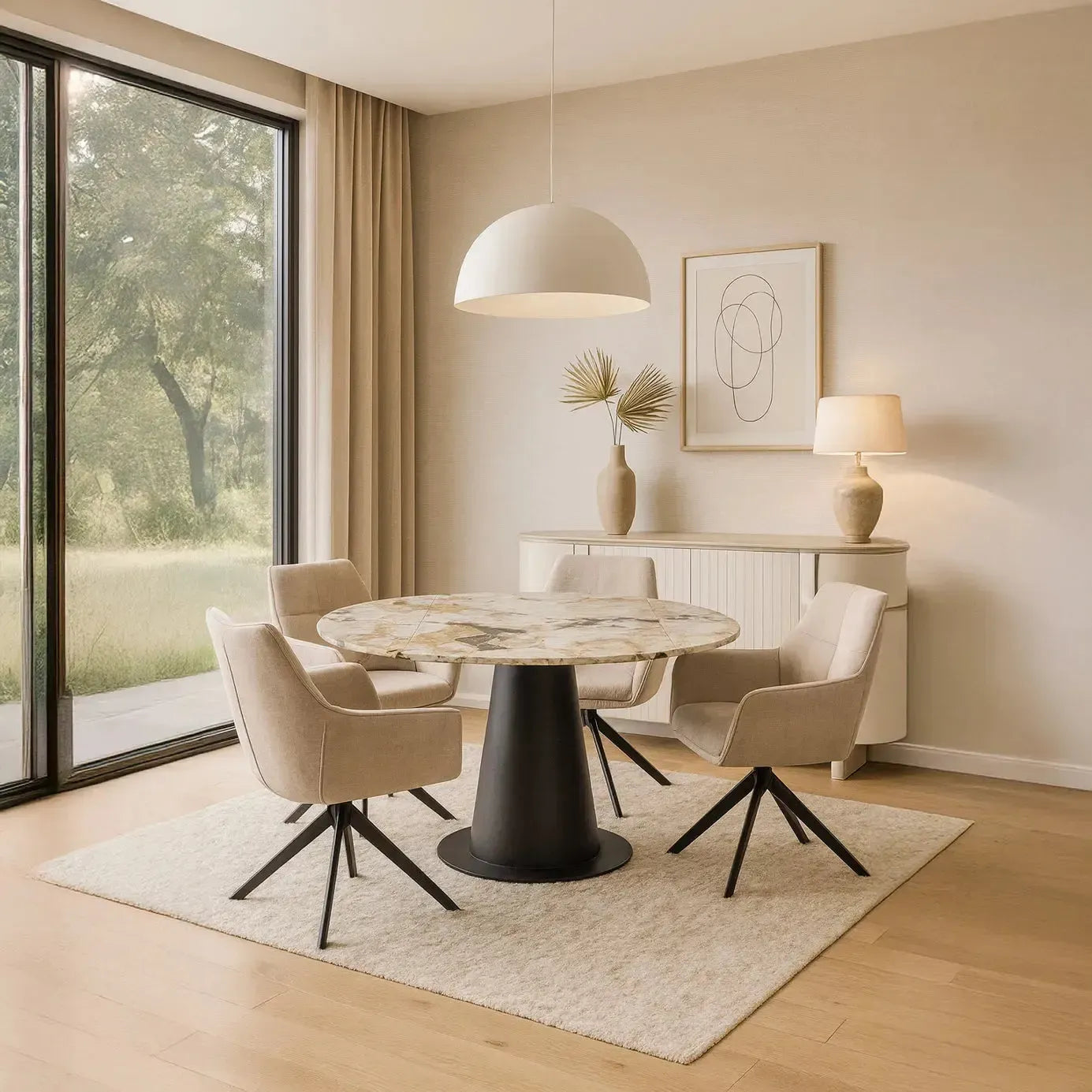 Arabella Dining Table and 4 Evander Beige Chairs