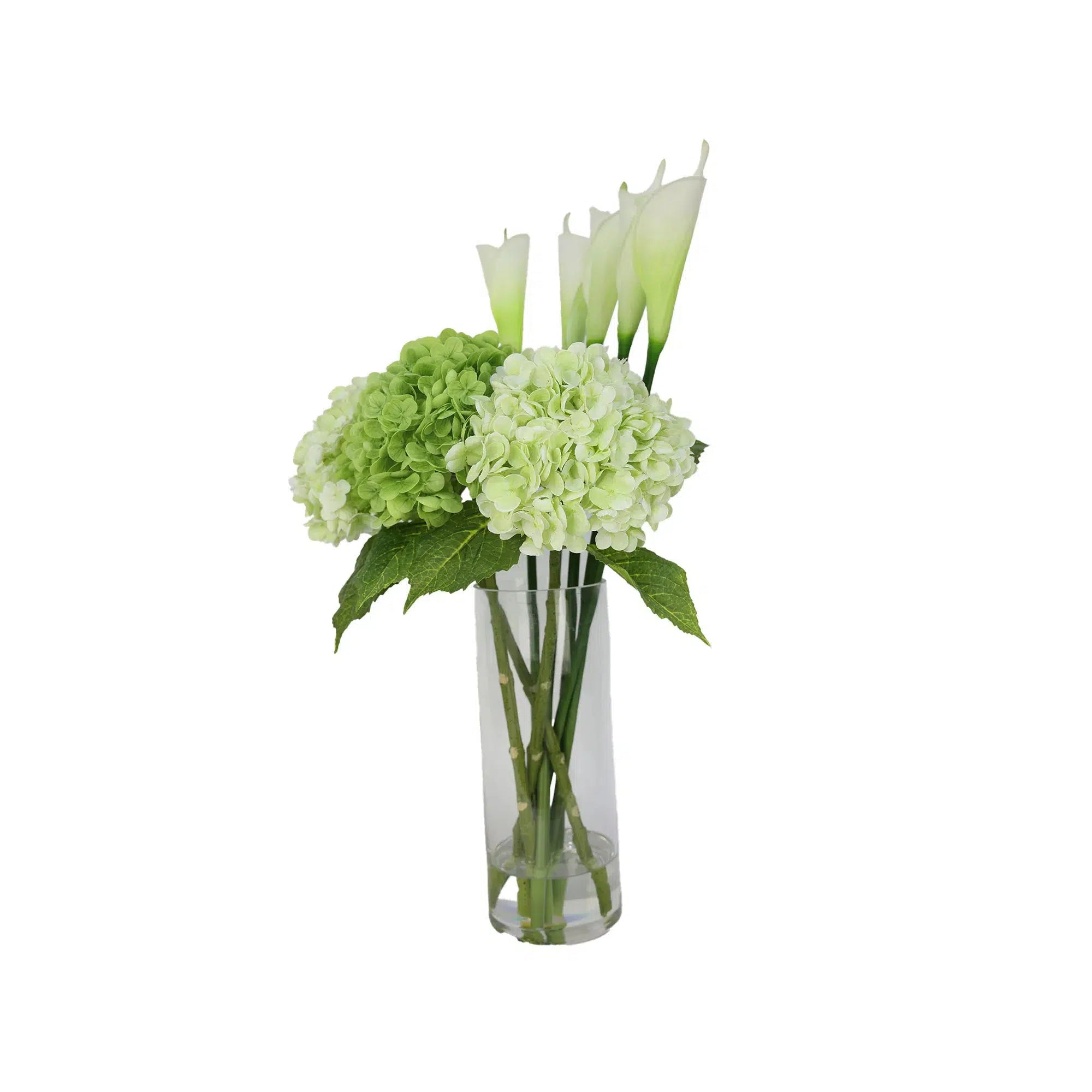 Artificial Hydrangea Calla Lily Arrangement in Tube Clear Glass Vase