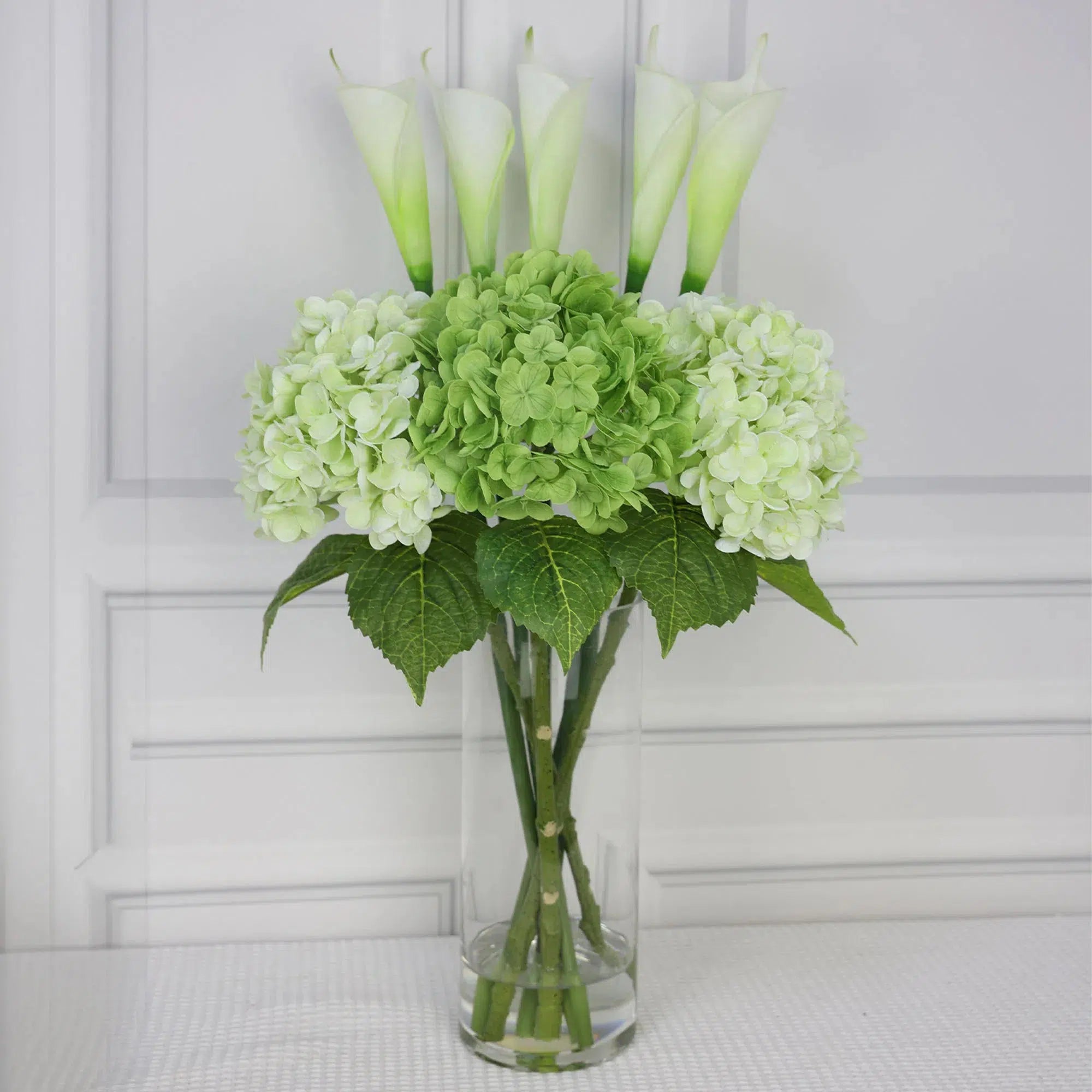 Artificial Hydrangea Calla Lily Arrangement in Tube Clear Glass Vase