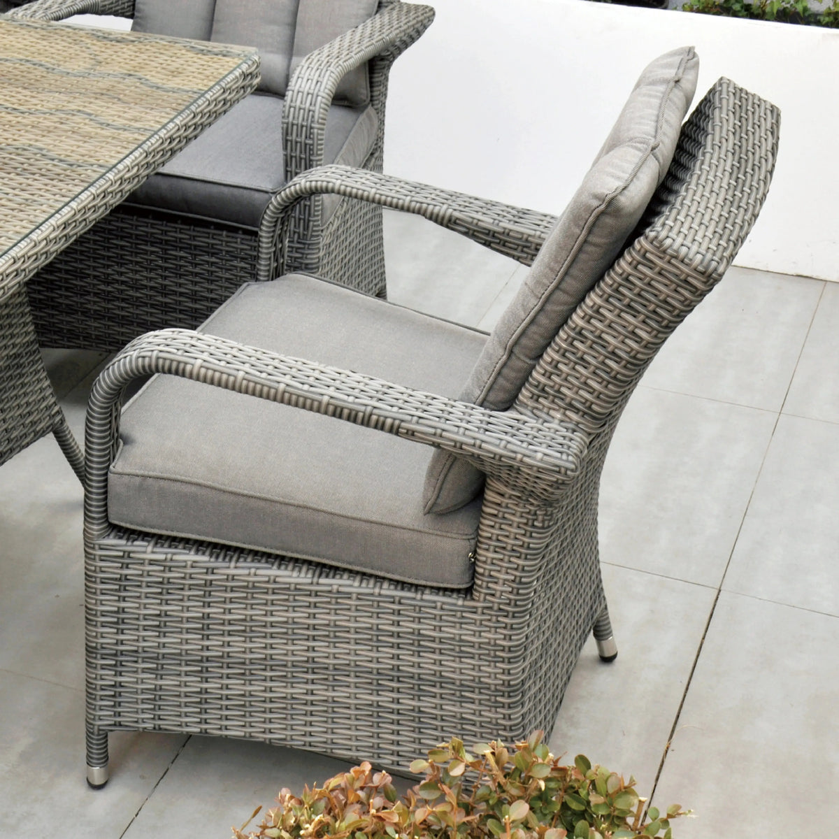 Aruba 110cm Square Firepit Table & 4 Bridge Arm Chairs Outdoor Set – Grey Black with Grey Cushions