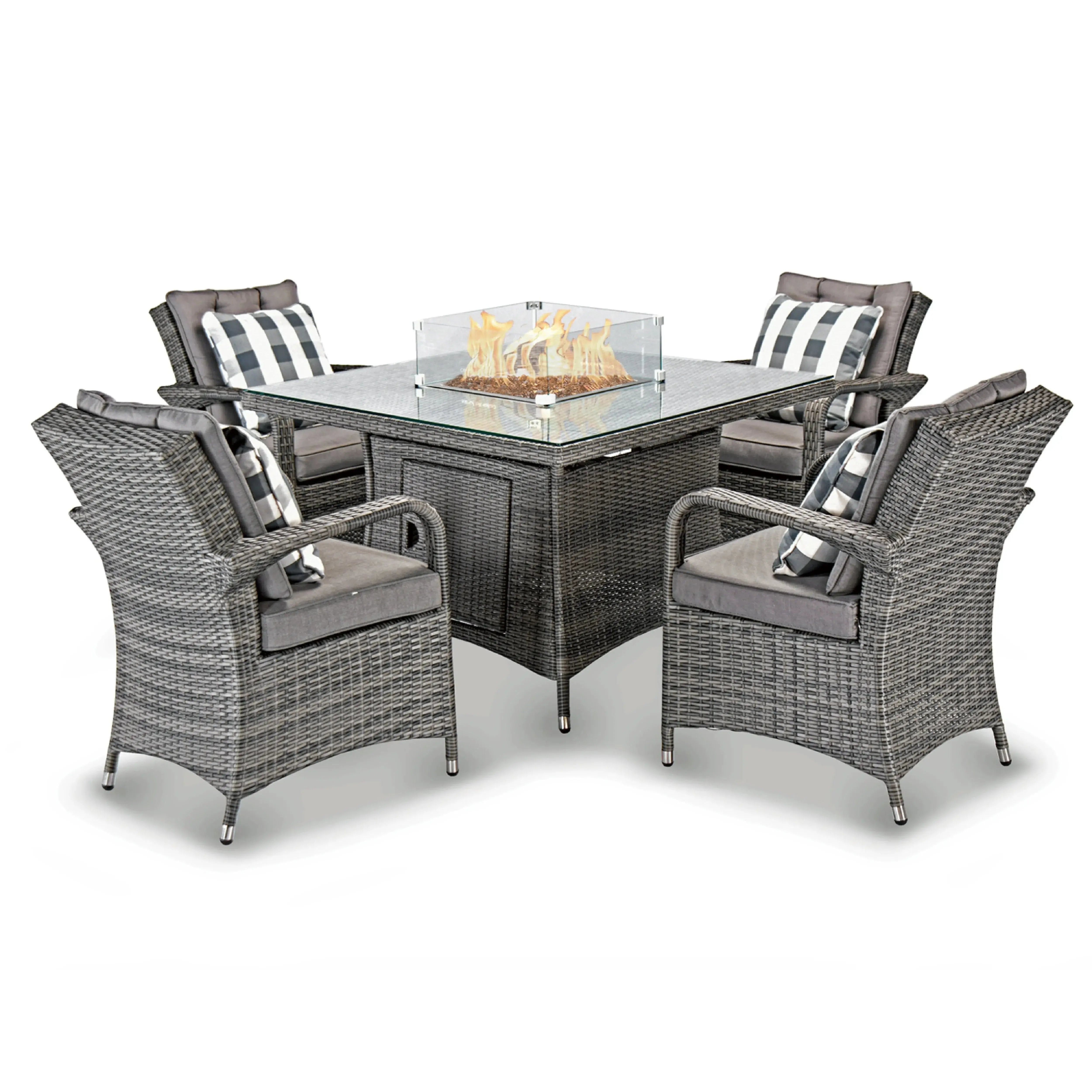 Aruba 110cm Square Firepit Table & 4 Bridge Arm Chairs Outdoor Set – Grey Black with Grey Cushions
