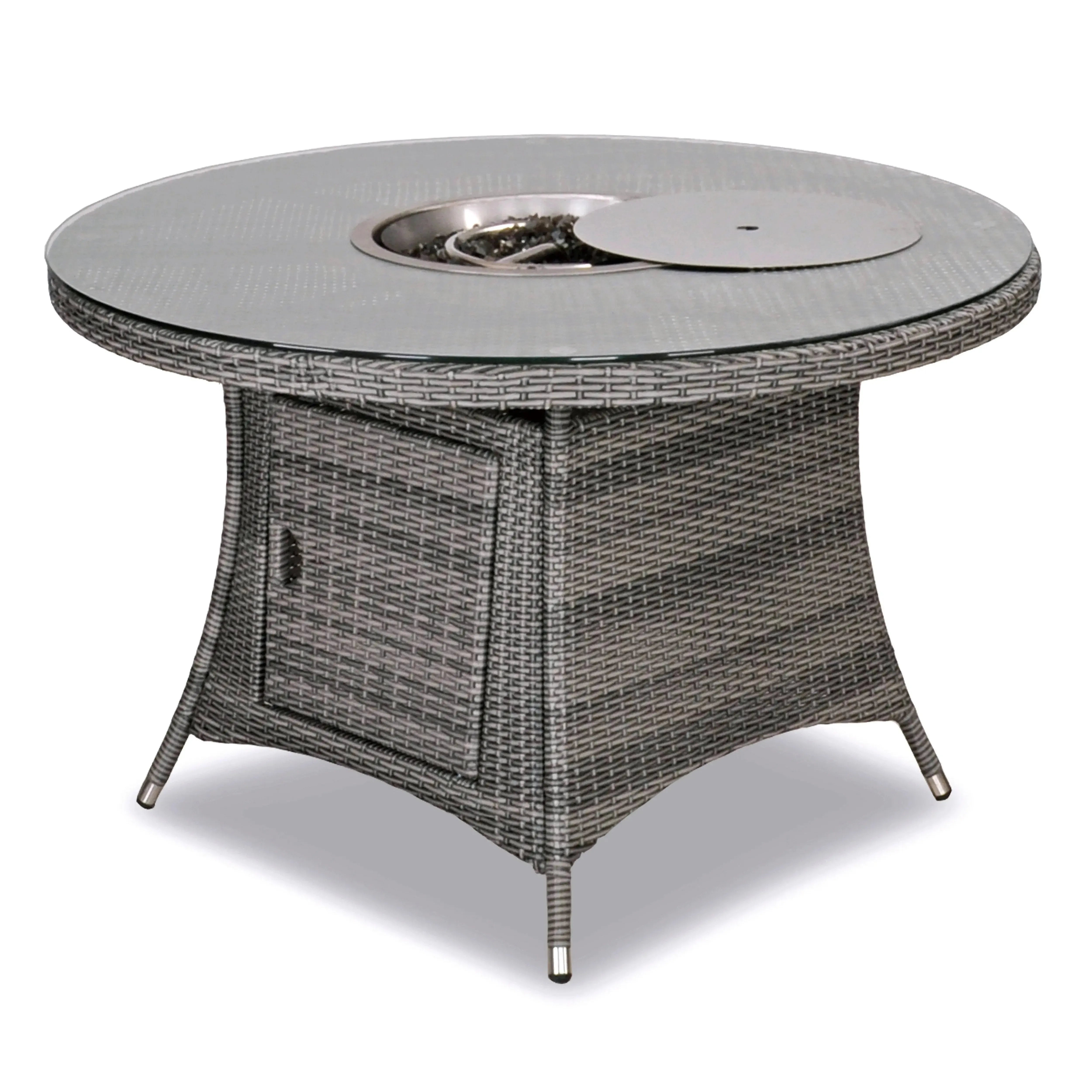 Aruba 120cm Round Firepit Table & 4 Bridge Arm Chairs Outdoor Set – Grey Black with Grey Cushions